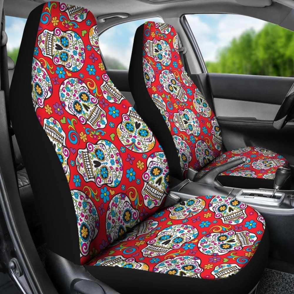2 Pcs Sugar Skull Car Seat Covers - Mexican Day of the Dead Design, Universal Fit for Most Vehicles, Durable & Stylish Protection - Perfect for Halloween, Dia de los Muertos, and Car Decorations