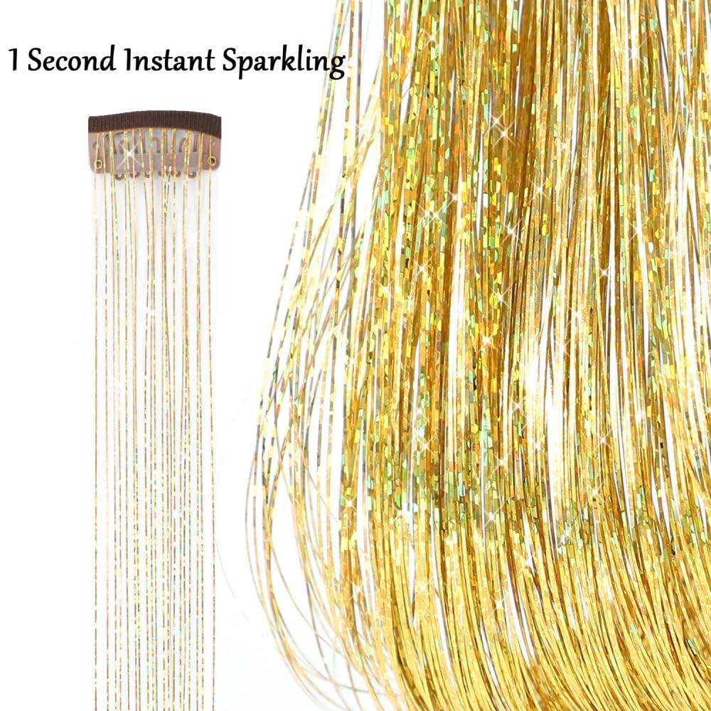 BowieMall 4-Piece Clip-In Hair Extension Kit with Glitter Tinsel - Heat Resistant Synthetic Hair Extensions for Women, Girls & Kids - Perfect for Parties, Festivals, Cosplay & Special Occasions