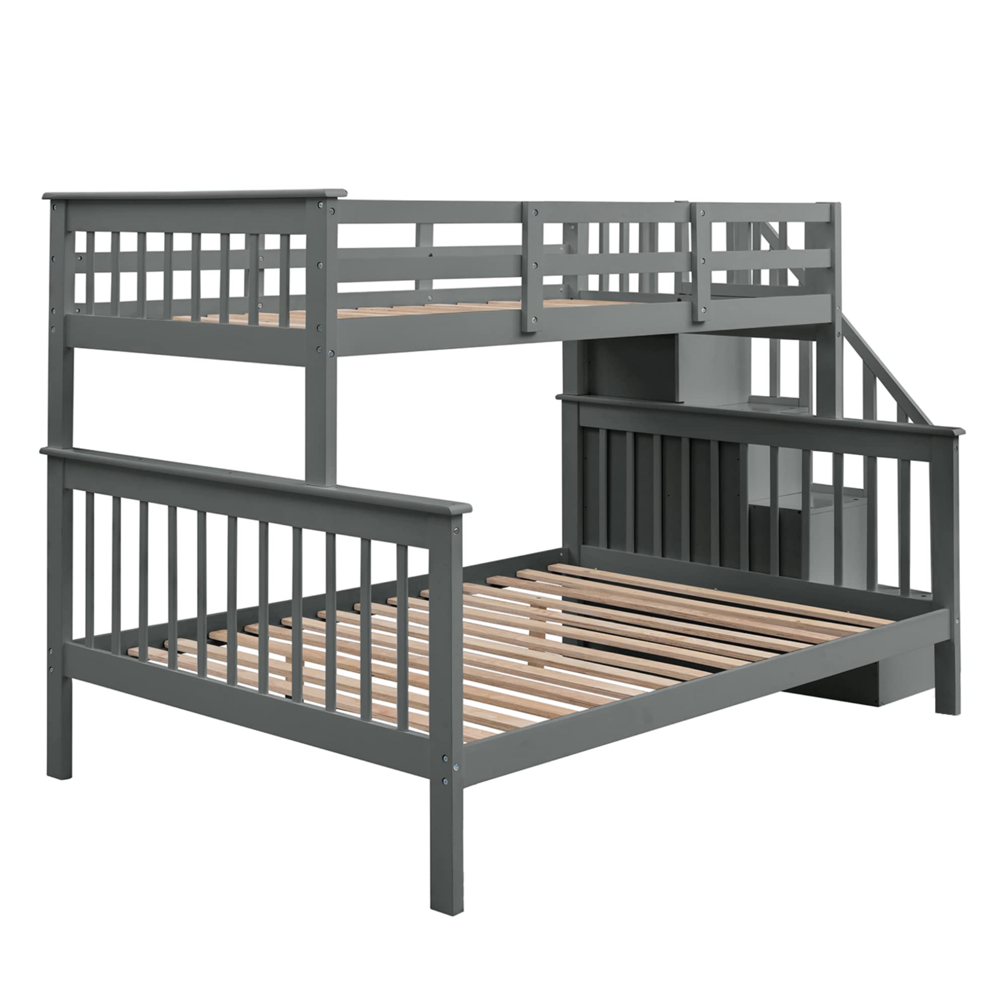 MERITLINE Twin Over Full Bunk Bed Frame for Kids - Mission Style Wooden Bunk Bed with Stairs & Storage | Space-Saving Kids Bedroom Furniture for Siblings or Sleepovers
