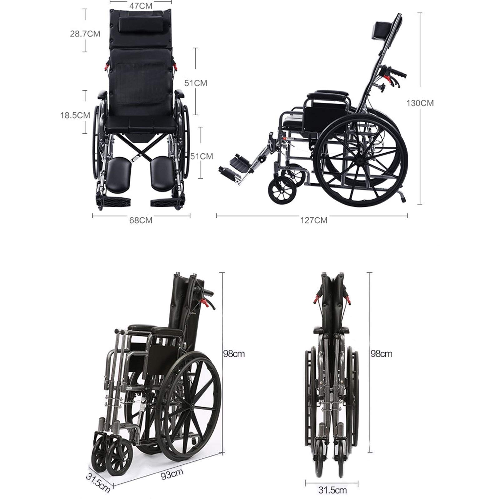 High Back Reclining Commode Wheelchair - Foldable Shower Chair with Lying Function | Adjustable Bathroom Safety Scooter for Elderly & Disabled Care | Home & Hospital Use (Upgraded Version)
