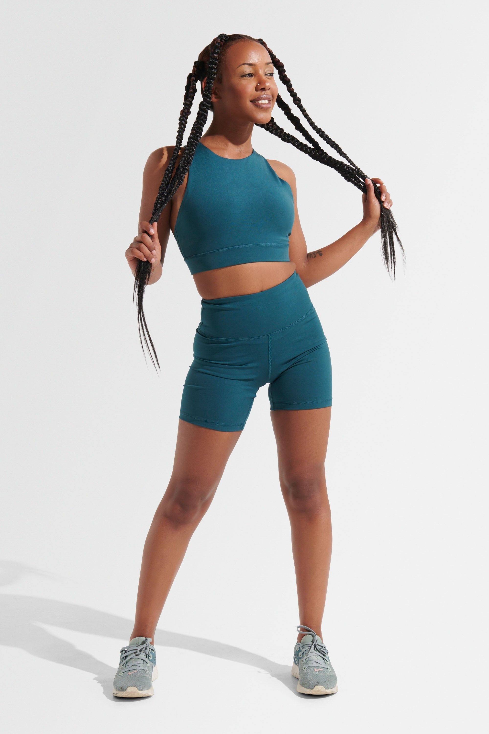 All For It Shorts - Women's High Waisted Athletic Shorts in Teal | Perfect for Running, Yoga & Gym Workouts