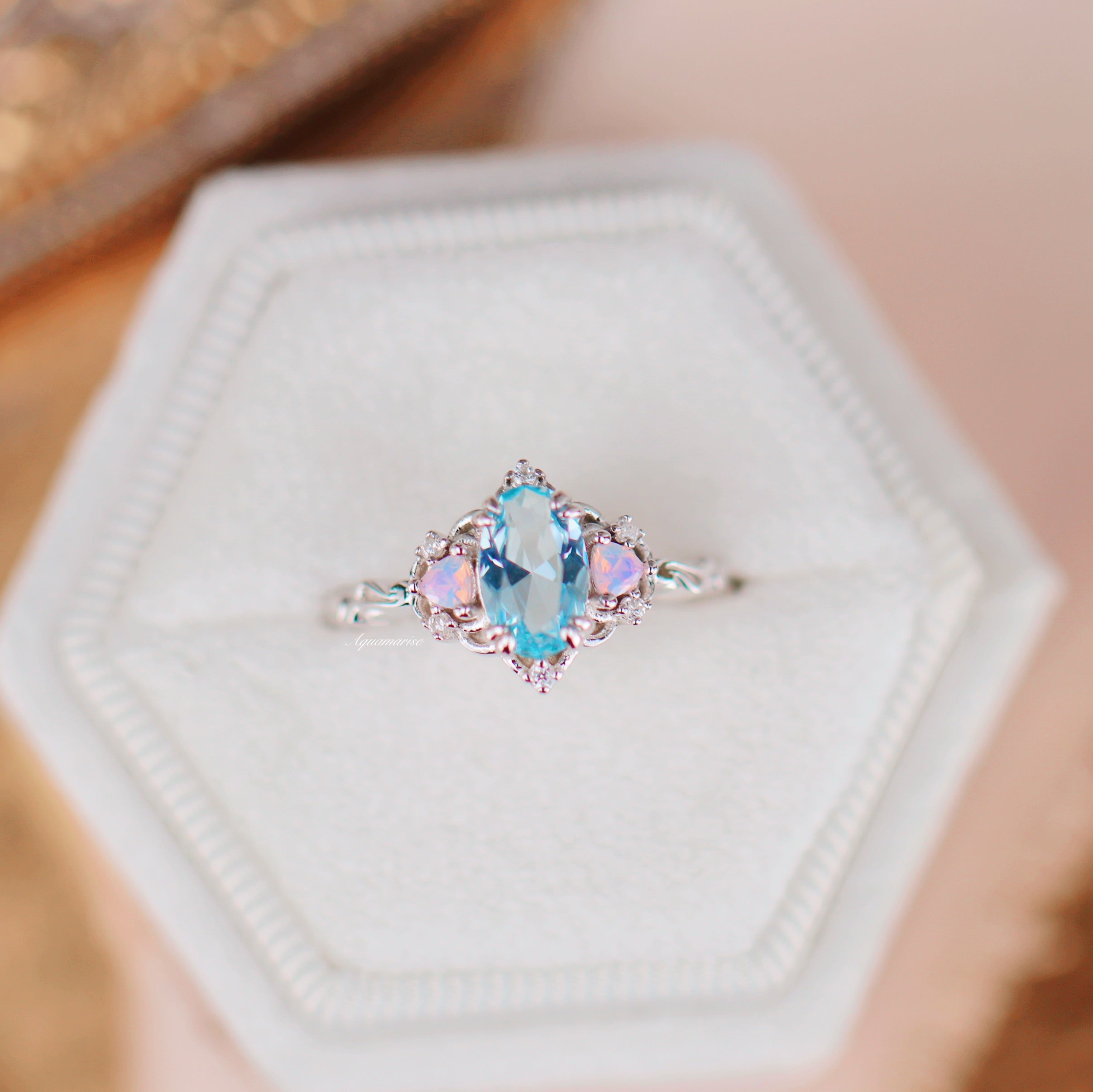 14K White Gold Esme Aquamarine & Opalescent Sapphire Ring – Elegant Jewelry for Women, Perfect for Weddings, Anniversaries & Special Occasions