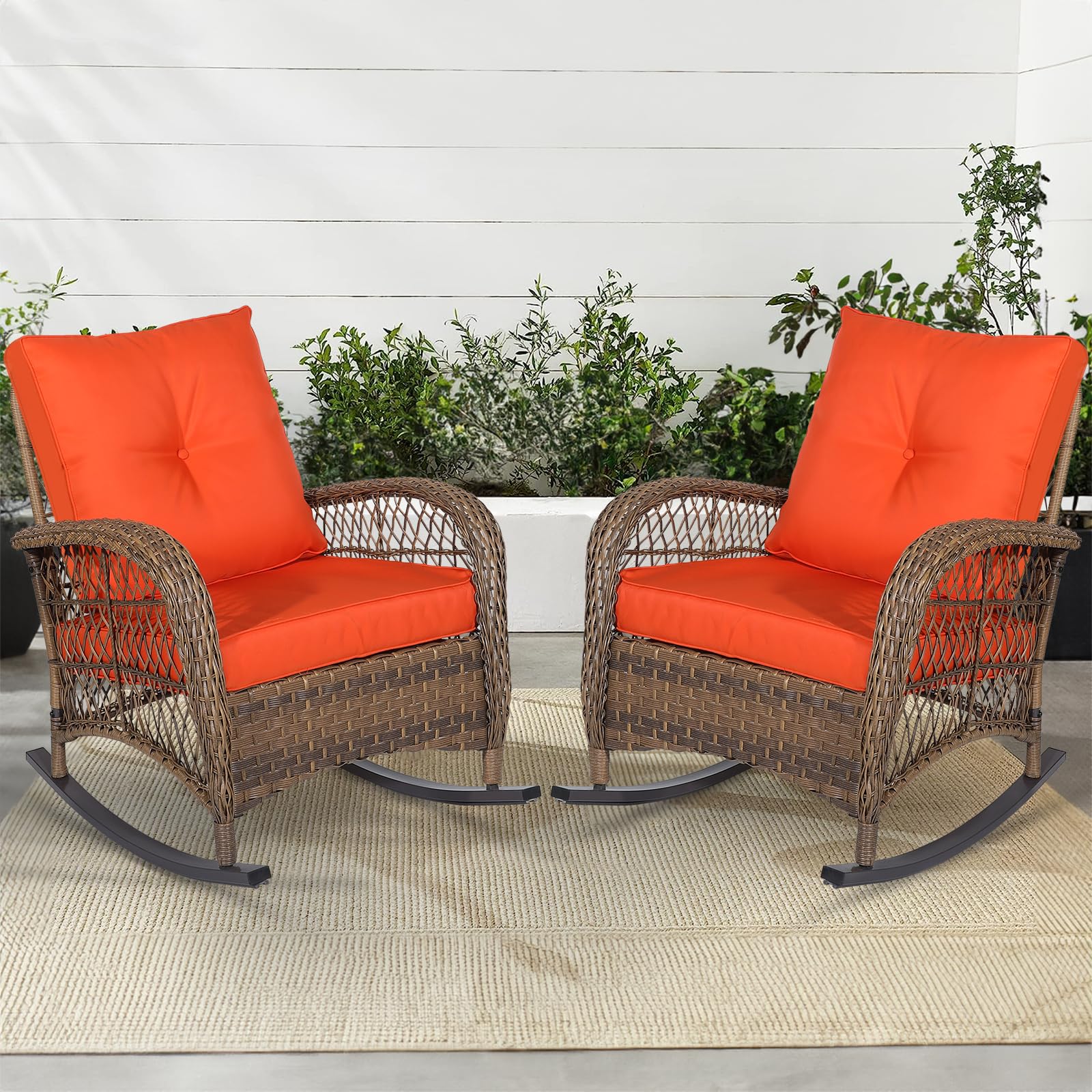 MEETWARM Outdoor Wicker Patio Rocking Chair Set of 2 - Cushioned Rattan Rocker with Steel Frame & Weather-Resistant Orange Cushions - Perfect for Porch, Deck, Poolside, Garden & Backyard Relaxation