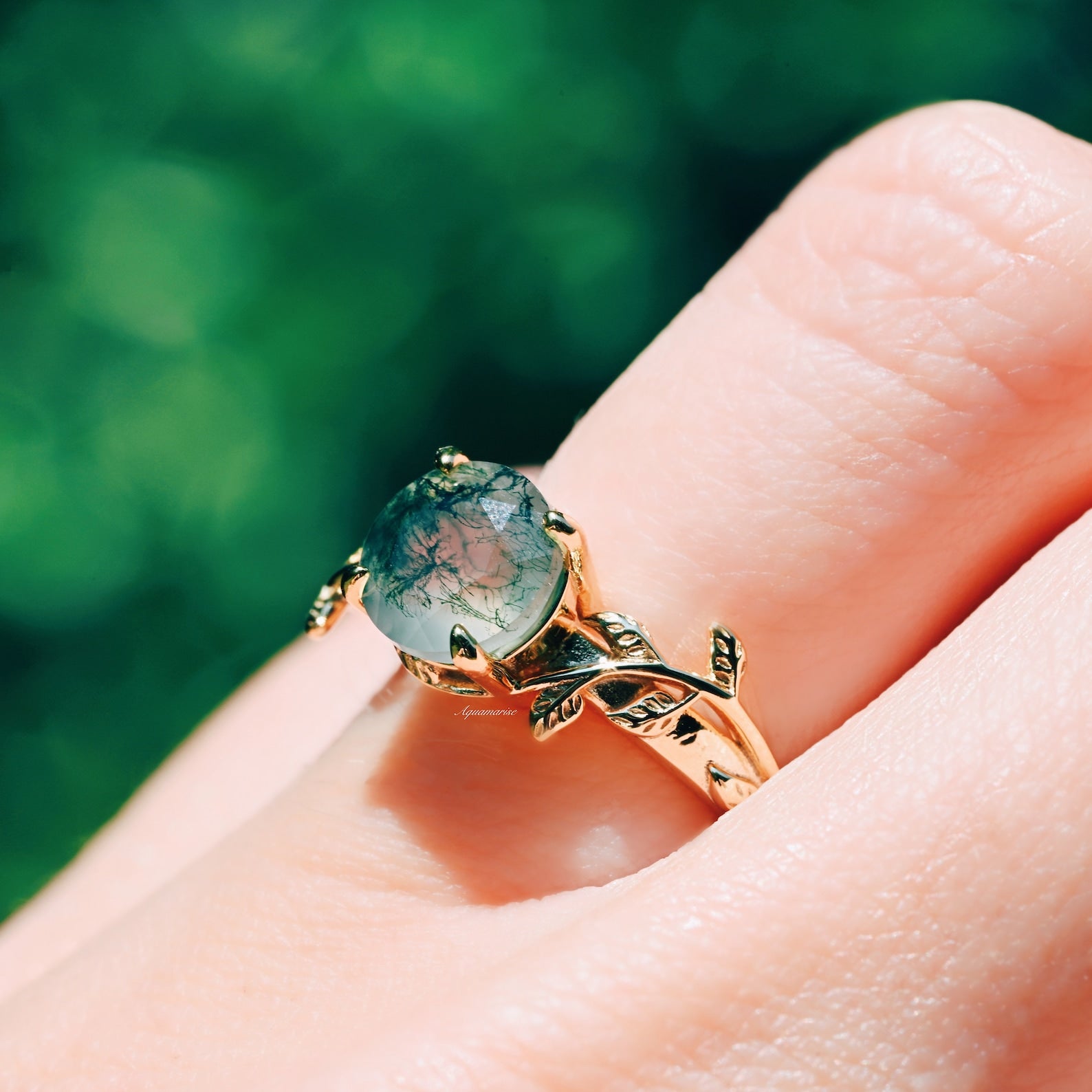 Natural Moss Agate Leaf Engagement Ring - 14K Yellow Gold Vermeil Wedding Band for Women, Nature-Inspired Jewelry for Brides, Anniversary Gifts & Boho Style Accessories | Perfect for Outdoor Weddings, Beach Proposals & Everyday Boho Fashion