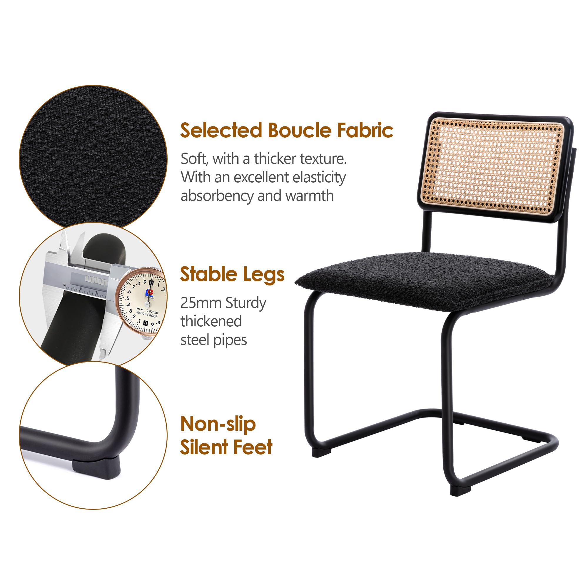 ONEVOG Set of 2 Modern Boucle Dining Chairs - Upholstered Cane Chairs with Natural Rattan Back & Sturdy Metal Frame - Comfortable Accent Chairs for Dining Room, Kitchen or Living Room Decor - Perfect for Small Spaces & Modern Home Interiors (Black)