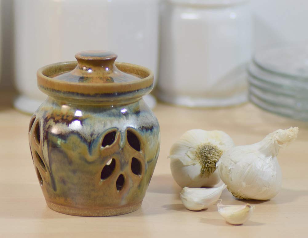 Tuscan Farmhouse Stoneware Garlic Keeper Jar - Handcrafted in USA, Perfect for Kitchen Countertop Storage & Fresh Herb Preservation