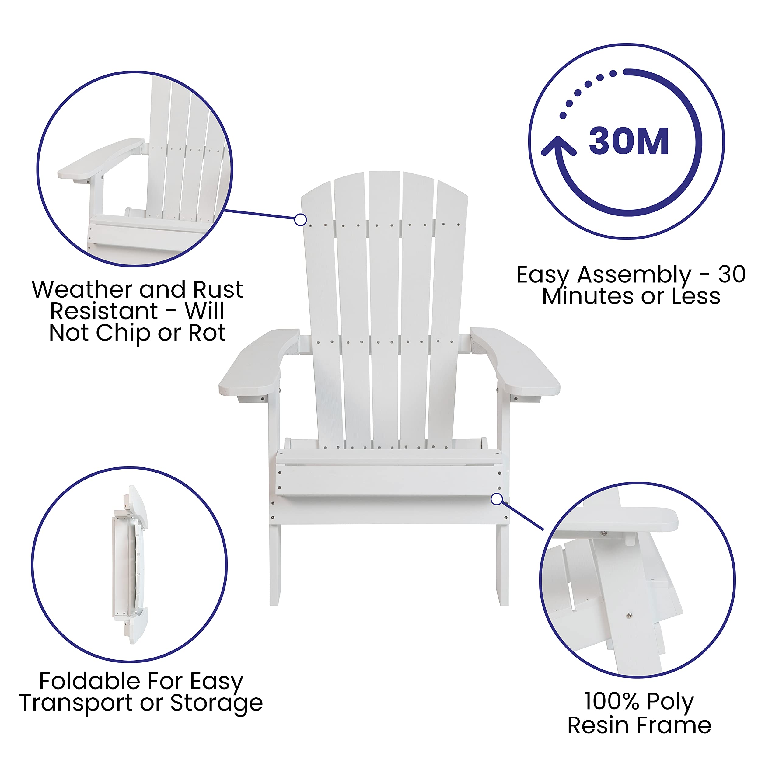 Merrick Lane Riviera Poly Resin Folding Adirondack Lounge Chair - White - Indoor/Outdoor Use - Weather Resistant Patio Furniture for Poolside, Garden & Backyard Relaxation