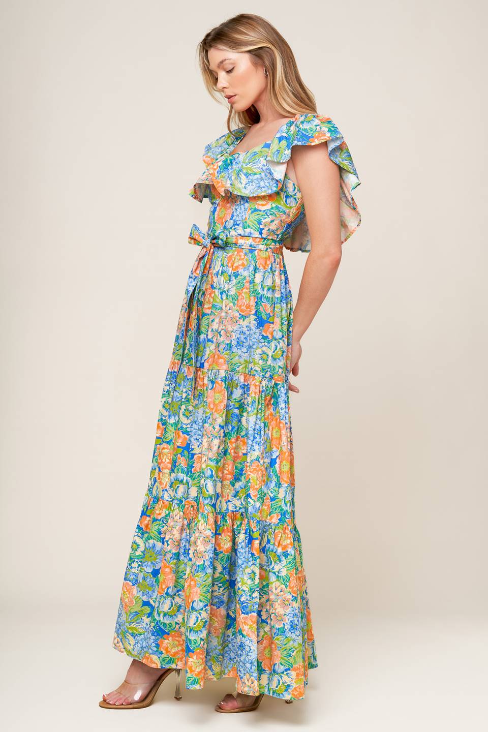 Elegant Coral & Powder Blue Maxi Dress for Women - Perfect for Garden Parties, Weddings & Summer Outings