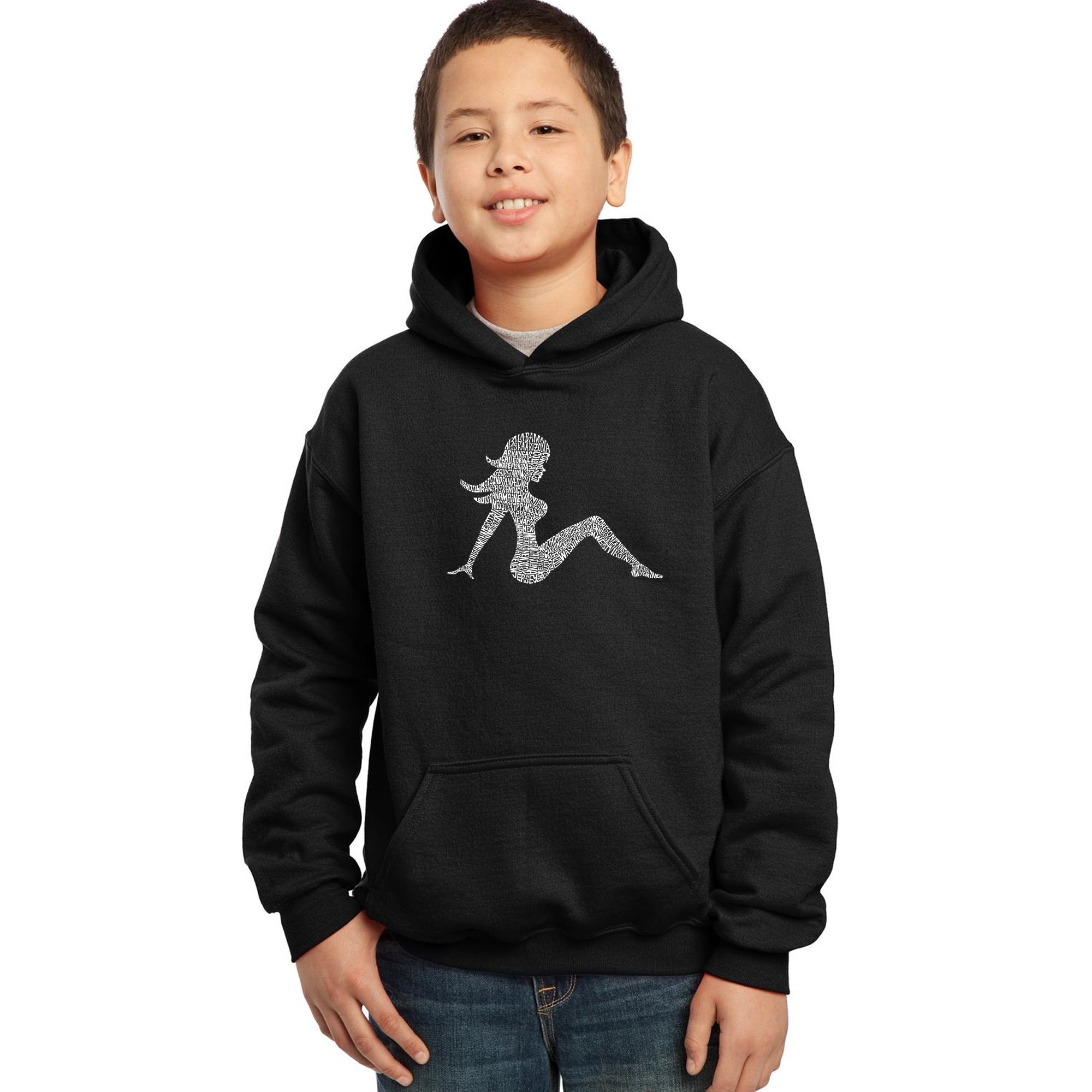 LA POP ART Boys' Word Art Hooded Sweatshirt - Vintage Mudflap Girl Design | Trendy Graphic Pullover for Teens & Kids | Perfect for Casual Wear, School & Street Fashion