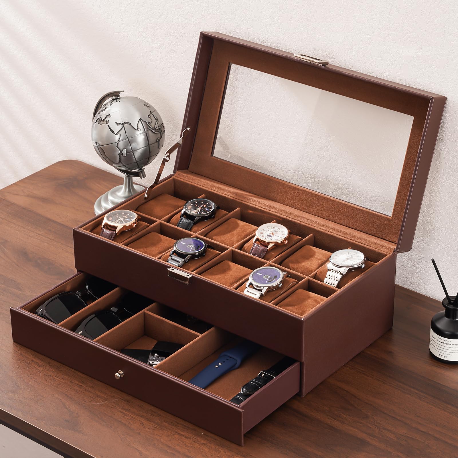 ProCase 12-Slot Watch Box for Men & Women - 2-Layer Watch Organizer with Glass Lid & Drawer - Jewelry & Watch Storage Case (Espresso) - Perfect for Watch Collectors & Gift Giving