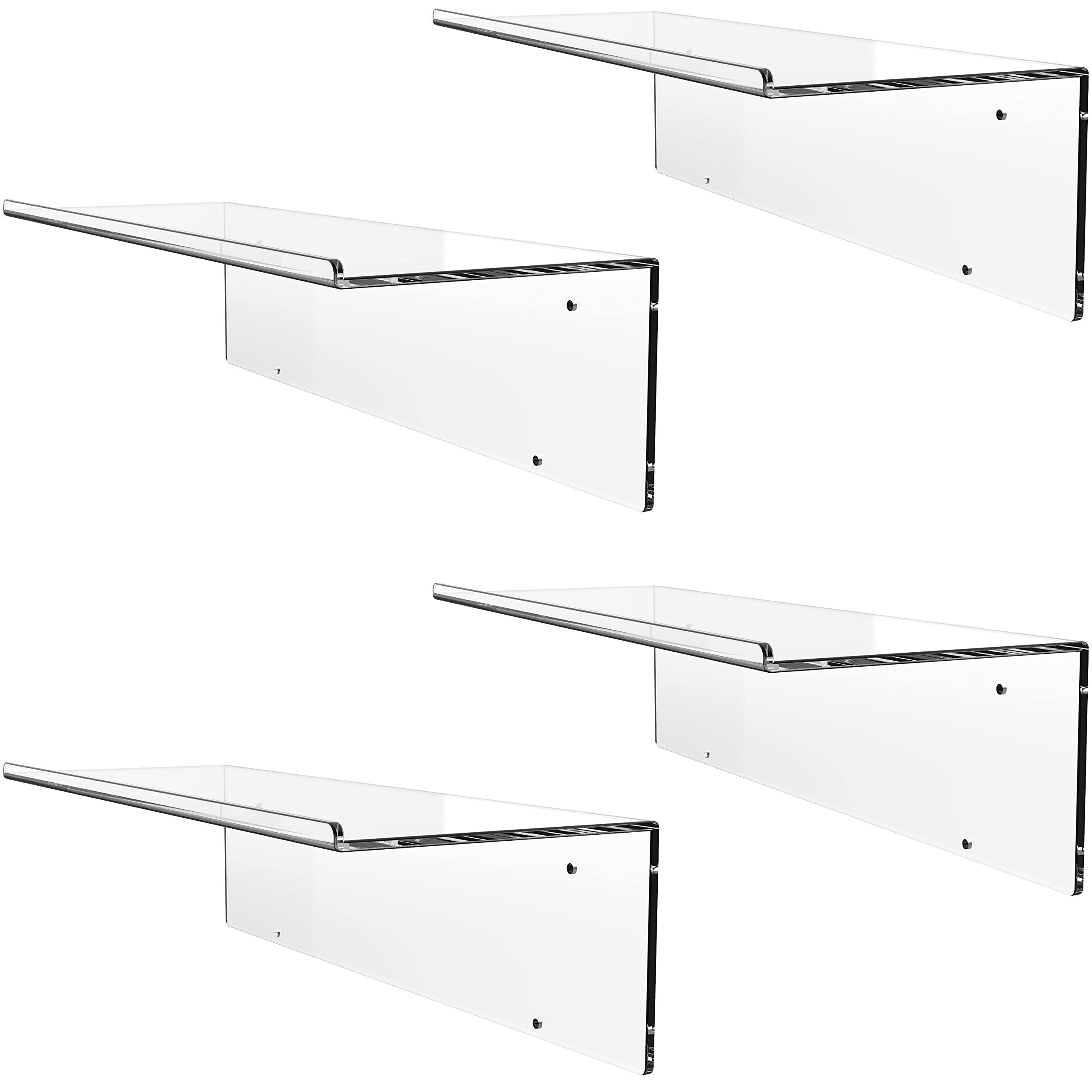 Clear Acrylic Floating Shelves Set of 4 - Modern Wall Mounted Display Shelves for Lego Sets, Funko Pop Collectibles, Books, Plants & Photos - Perfect for Bedroom, Living Room & Office Decor