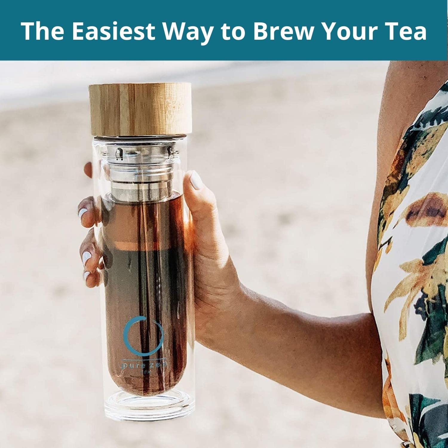 Pure Zen Tea Infuser Bottle - 15oz Insulated Glass Tea Tumbler with Removable Infuser for Loose Leaf Tea & Infused Water | Portable Travel Mug for Office, Gym & Outdoor Activities | BPA-Free Thermal Tea Thermos