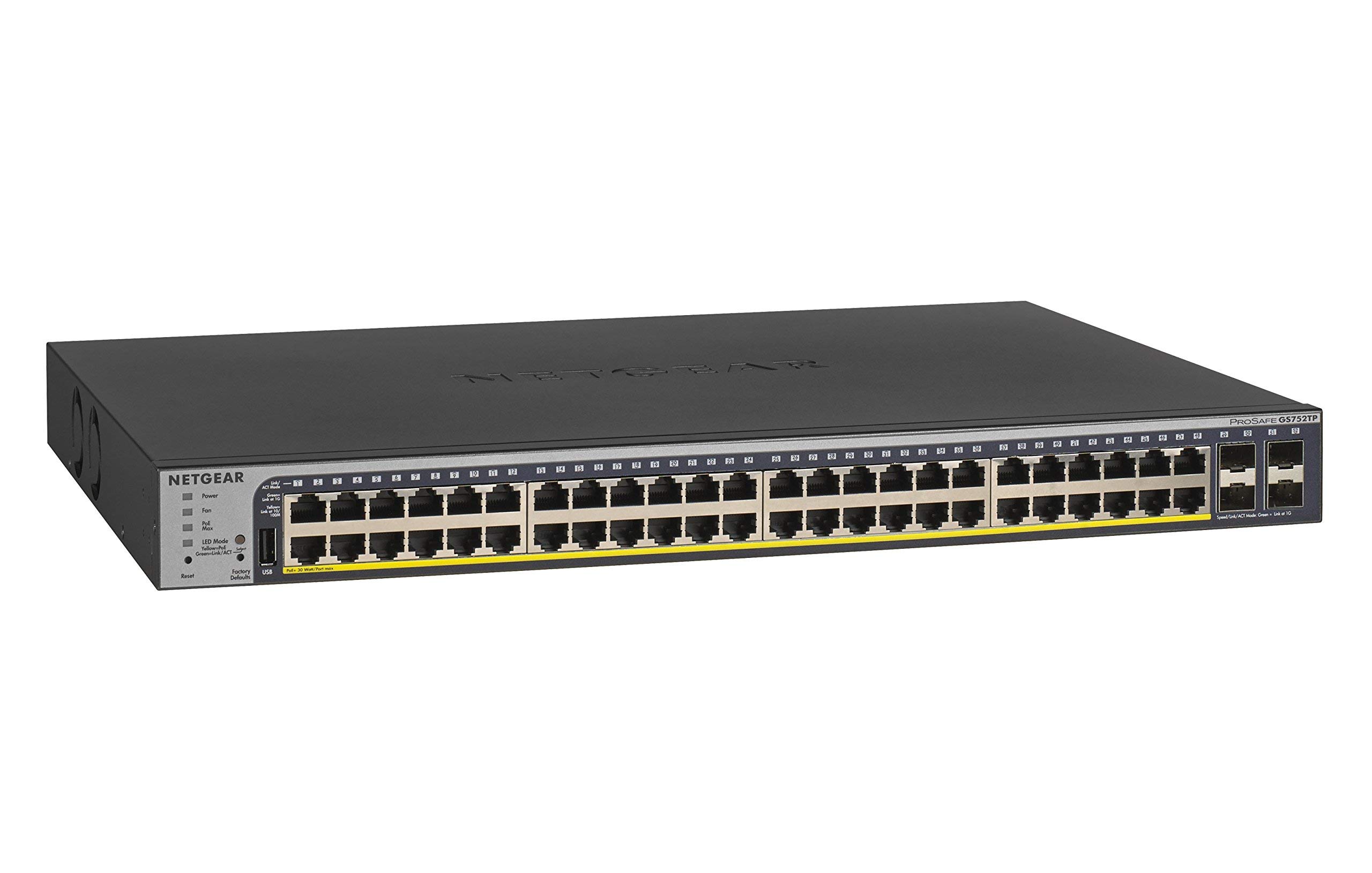 NETGEAR GS752TP 52-Port Gigabit Ethernet Smart Managed Pro PoE Switch | 48 PoE+ Ports @380W | 4x1G SFP | Desktop/Rackmount | ProSAFE Lifetime Protection (Renewed) | Ideal for Office Networks, Data Centers & Smart Home Installations