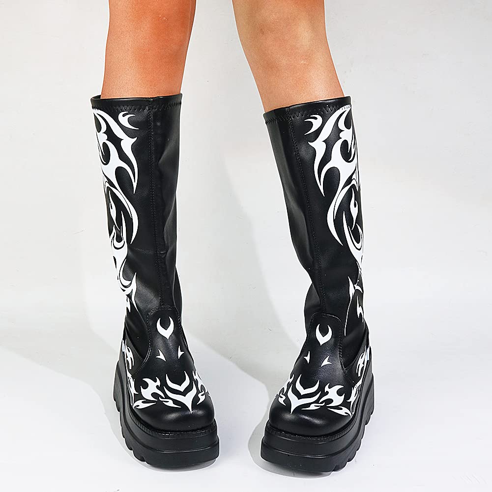 Erocalli Women's Gothic Platform Wedge Heel Mid Calf Boots - Combat Motorcycle Boots for Punk Fashion, Night Out & Cosplay