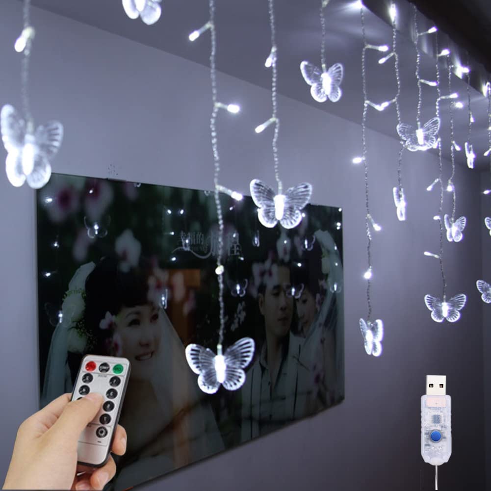 YOLIGHT USB Powered 8.2ft 80 LED Icicle Curtain String Lights with Remote Control - Butterfly Fairy Lights for Indoor Outdoor Decor, Room, Garden, Wall, Wedding & Christmas (White) - Perfect for Bedroom, Party, Holiday and Home Decoration