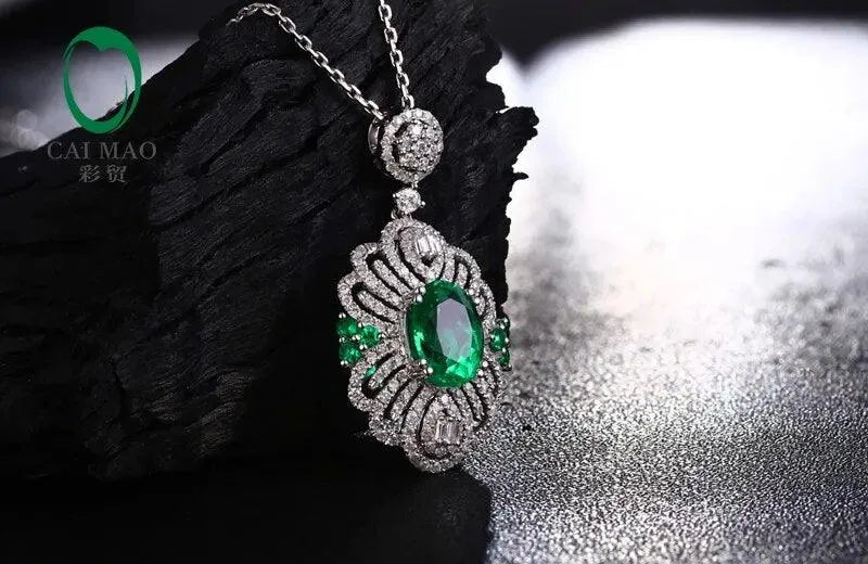 2.12ct Natural Emerald 14K White Gold Round Cut Diamond Pendant Necklace for Women - Elegant Jewelry Gift for Birthday, Anniversary & Special Occasions
