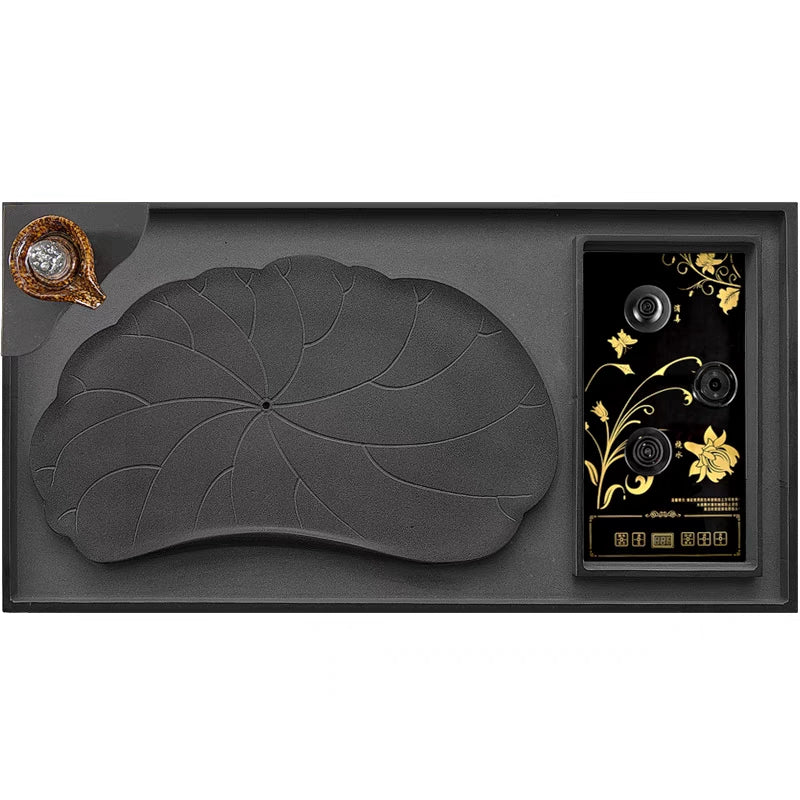 Premium Black Stone Lotus Pond Tea Tray with Built-in Induction Cooker - Elegant Tea Ceremony Set for Home, Office & Zen Meditation Spaces