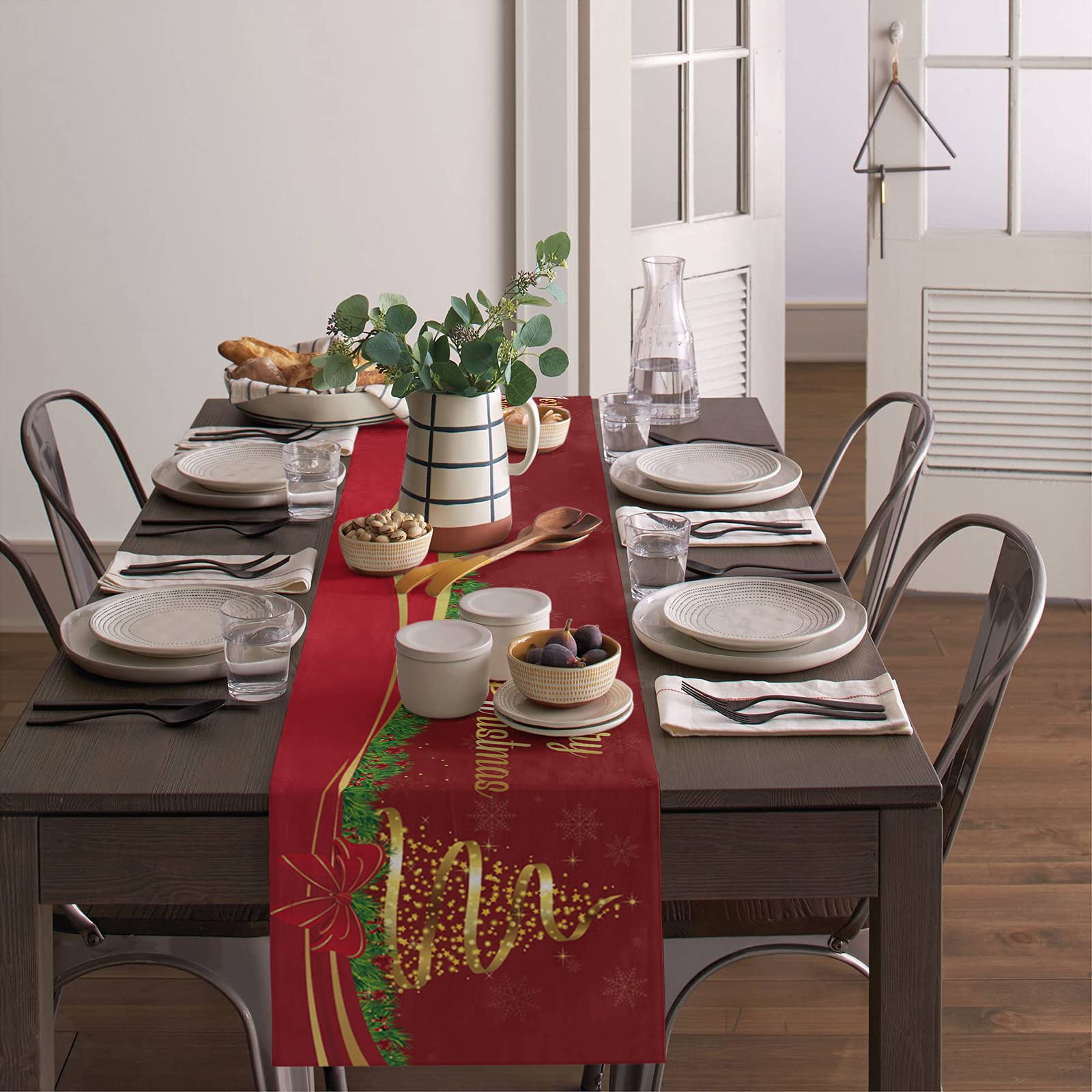 36 Inch Christmas Table Runner - Golden Xmas Tree Red Dining Table Scarf for Holiday Decor | Farmhouse Kitchen, Coffee Table & Banquet Decoration | Perfect for Christmas Party, Home & Festive Gatherings