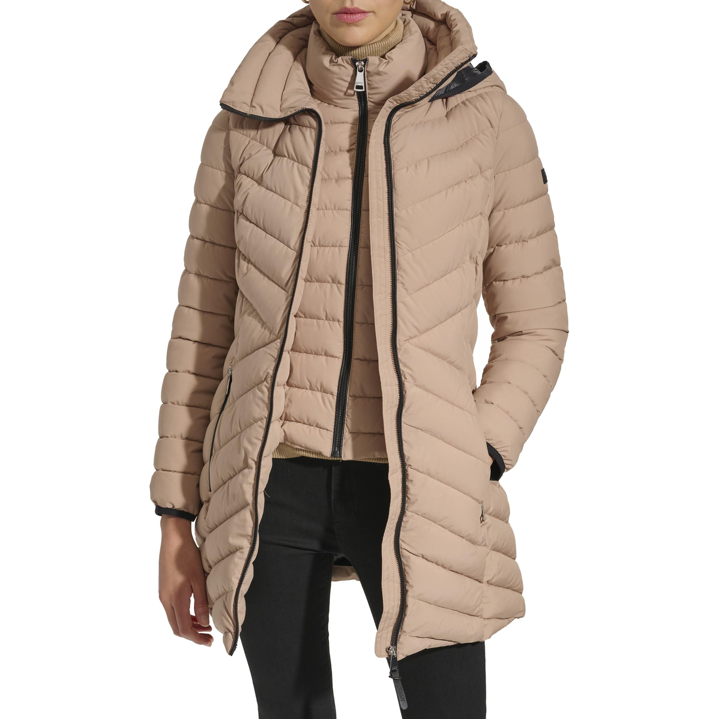 DKNY Women's Lightweight Puffer Jacket with Bib-Front Design - Stylish Winter Coat for Casual Outings & Outdoor Activities