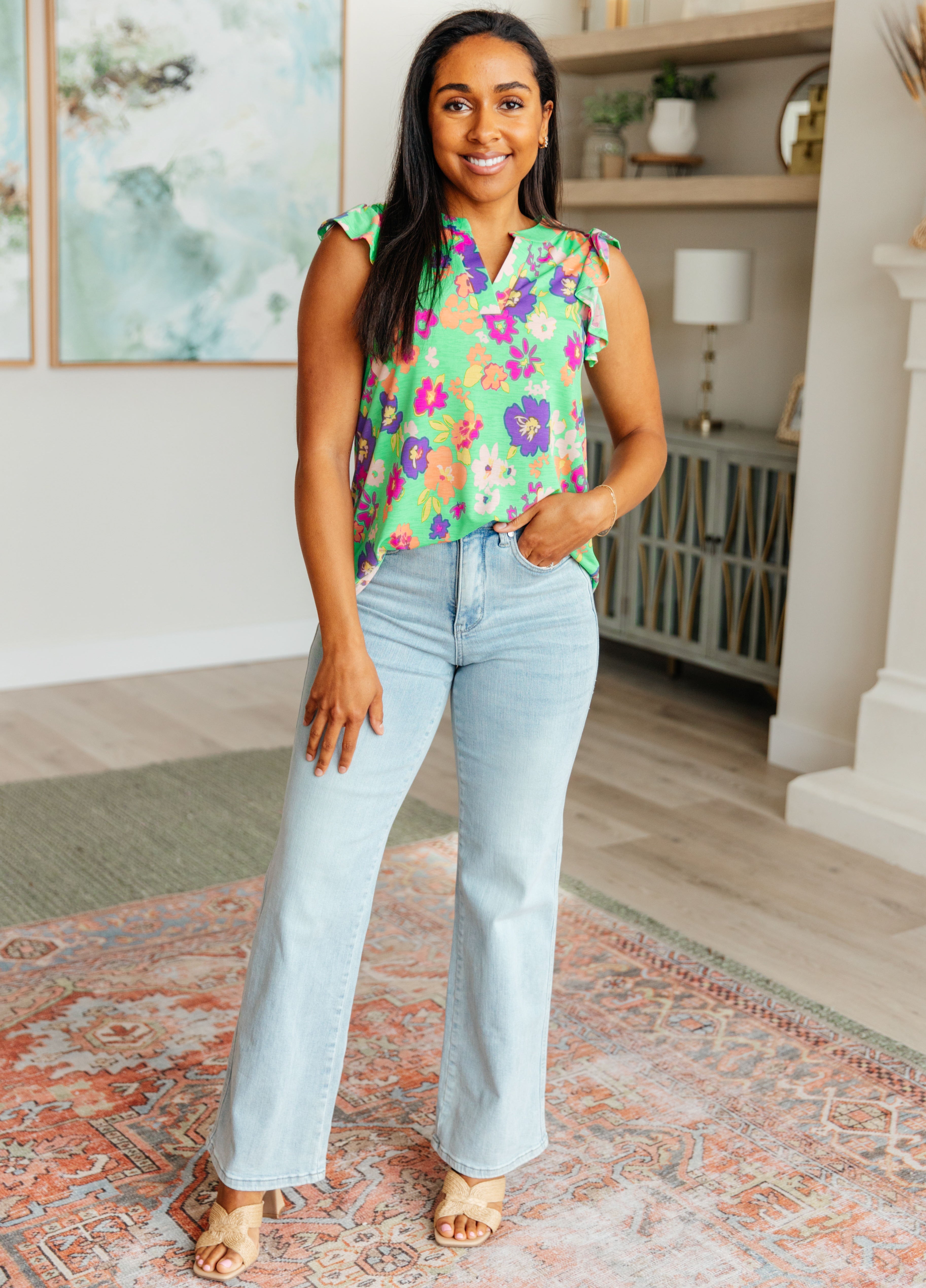 Lizzy Flutter Sleeve Top - Women's Floral Print Blouse in Emerald Green & Purple | Casual Summer Tops for Outfits, Dates & Beach Wear