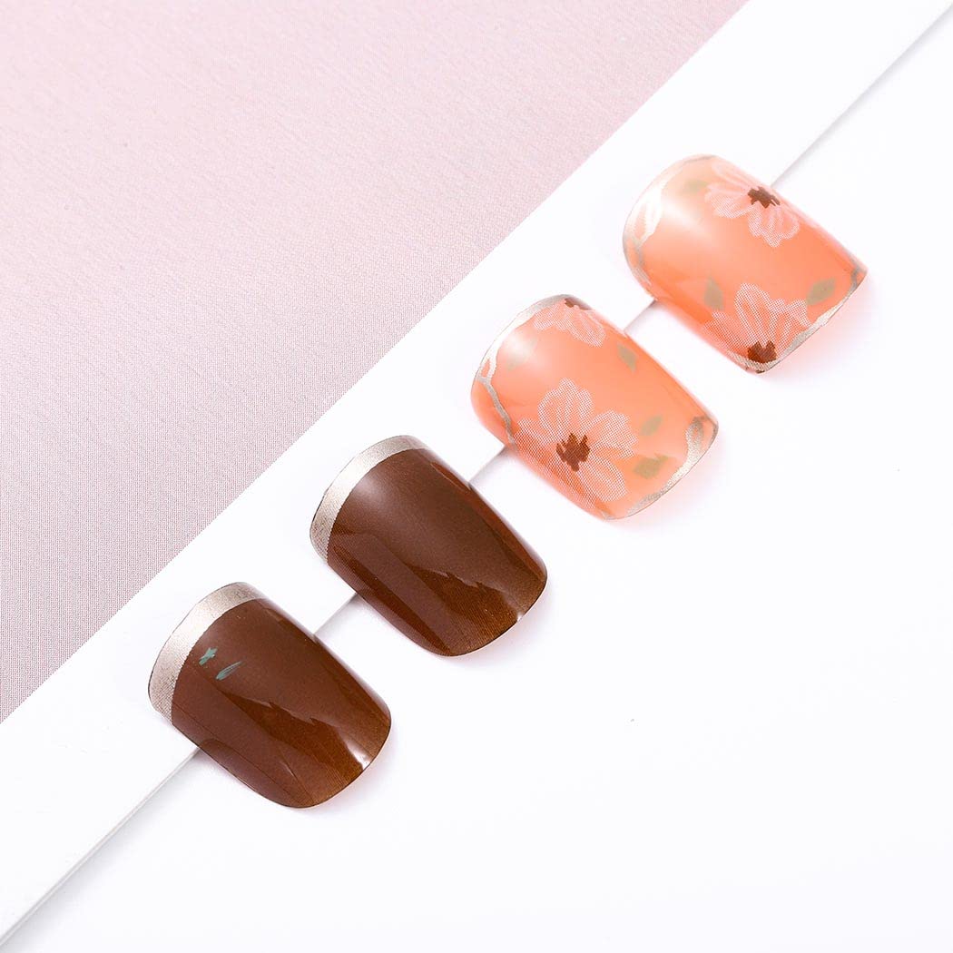 24Pcs Short Square Press on Nails - French Fake Nails with Glossy Gradient Design, Acrylic False Nails Full Cover Tips for Women & Girls | Perfect for Parties, Weddings, and Daily Wear (Orange French)
