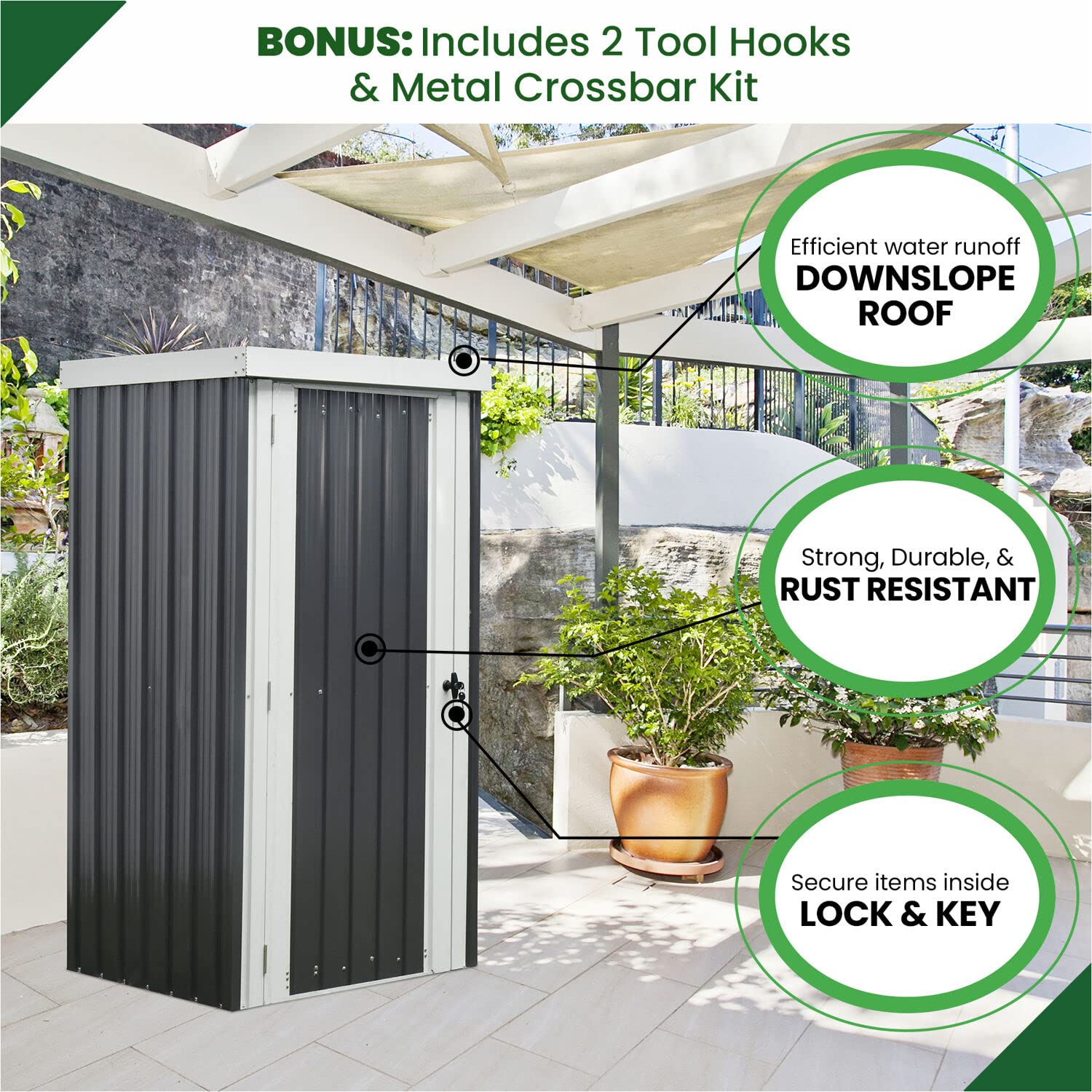 Galvanized Steel Outdoor Storage Shed - 3x3x6 ft Patio Garden Shed with Lockable Door & Tool Hooks | Dark Gray & White Rust-Resistant Yard Storage for Tools, Supplies | Perfect for Backyard, Garage & Garden Organization