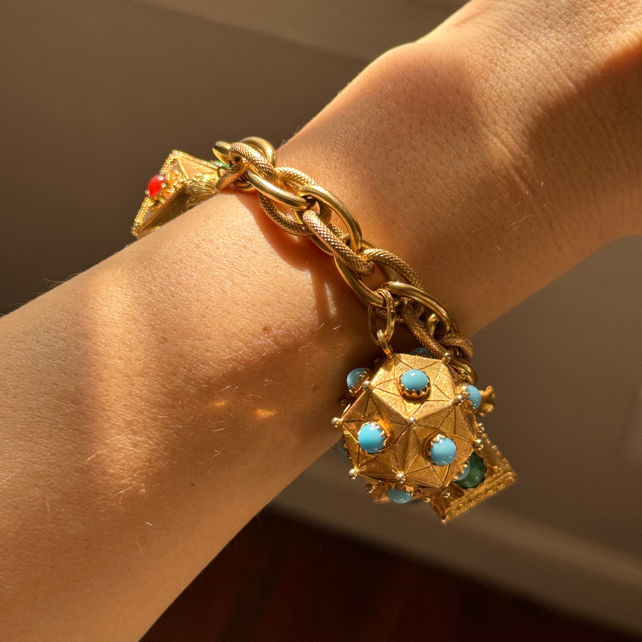 Vintage 18K Gold Multi-Stone Charm Bracelet with Fob - Elegant Jewelry for Women, Perfect for Parties, Weddings & Special Occasions