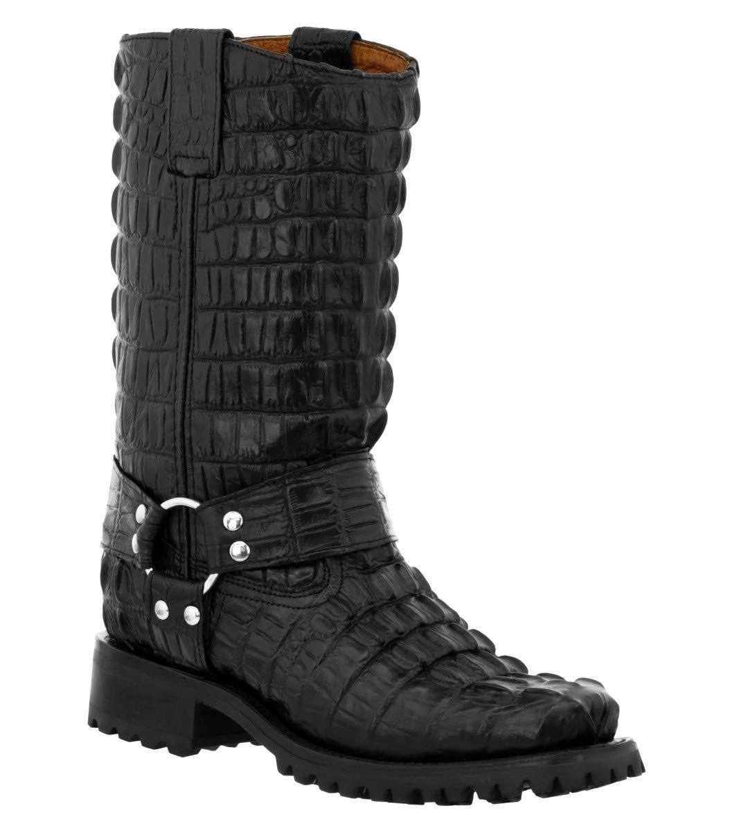 Men's Black Motorcycle Leather Boots - Cowboy Style with Alligator Tail Print - Perfect for Riding, Biker Events & Western Fashion