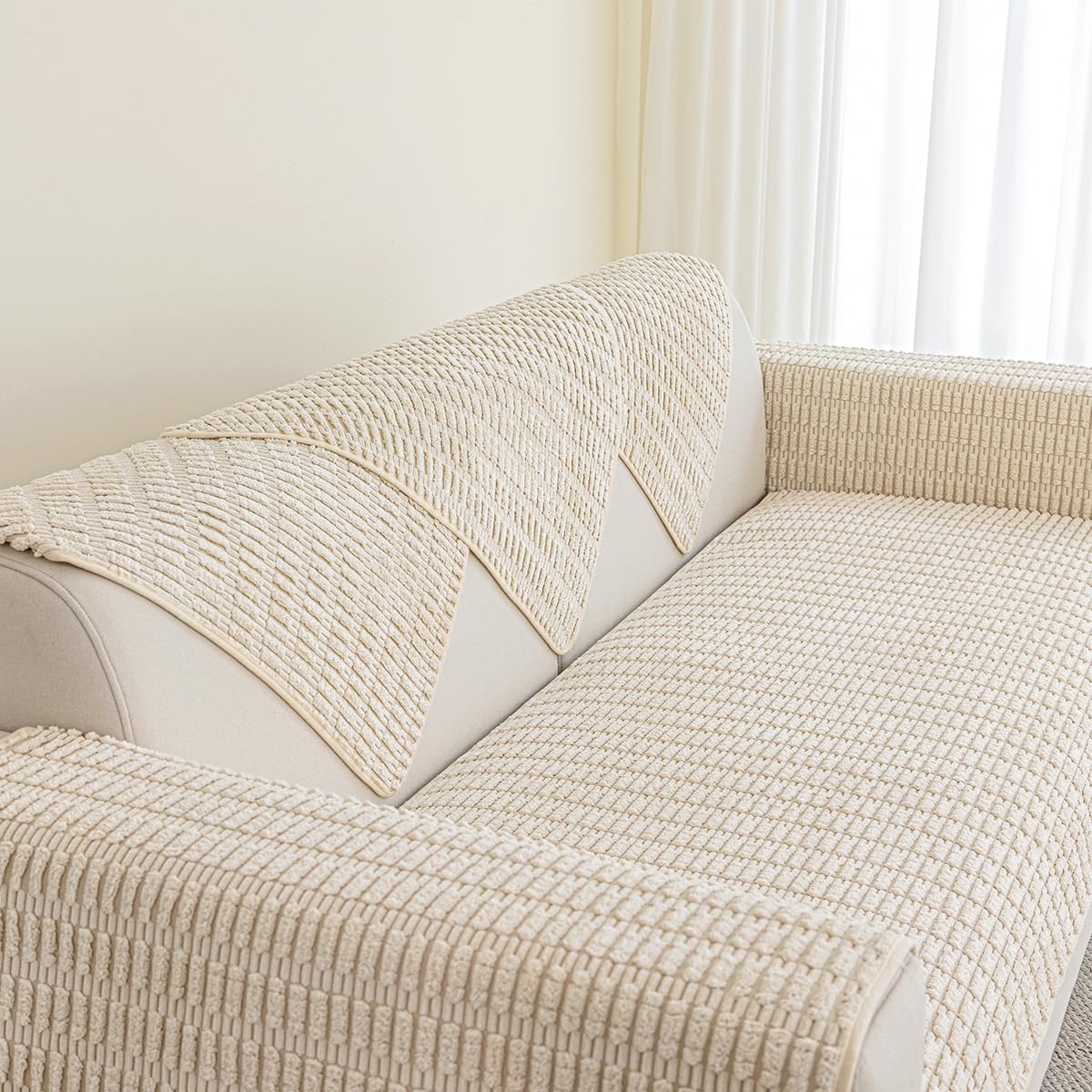 Non-Slip Sofa Arm Covers - 30x30 Inch Cream White Furniture Protector for Couches & Chairs | Perfect for Pets, Kids & Home Decor Protection