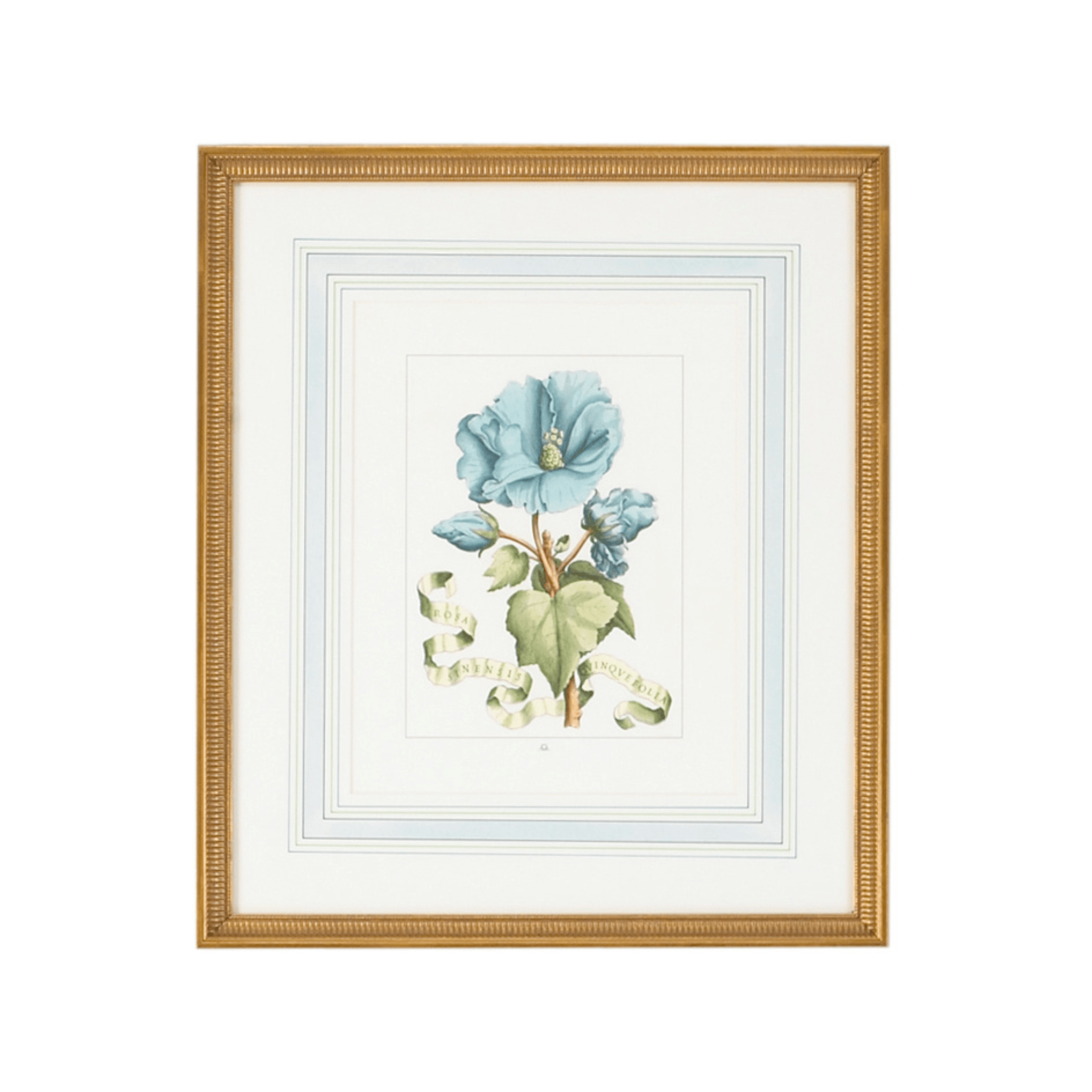 Blue Floral Artwork with Ribbon in Gold Frame - Elegant Wall Decor for Living Room, Bedroom & Office