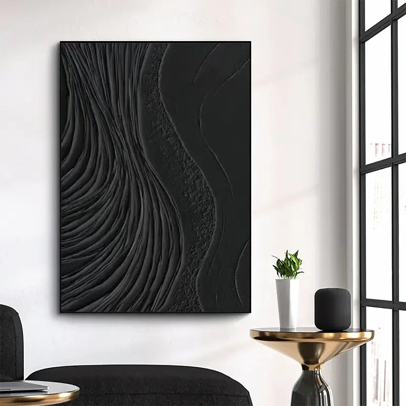 Black Minimalist Textured Painting Canvas - Modern Abstract Wall Art Decor for Living Room, Bedroom & Office | Premium Quality #MZ002