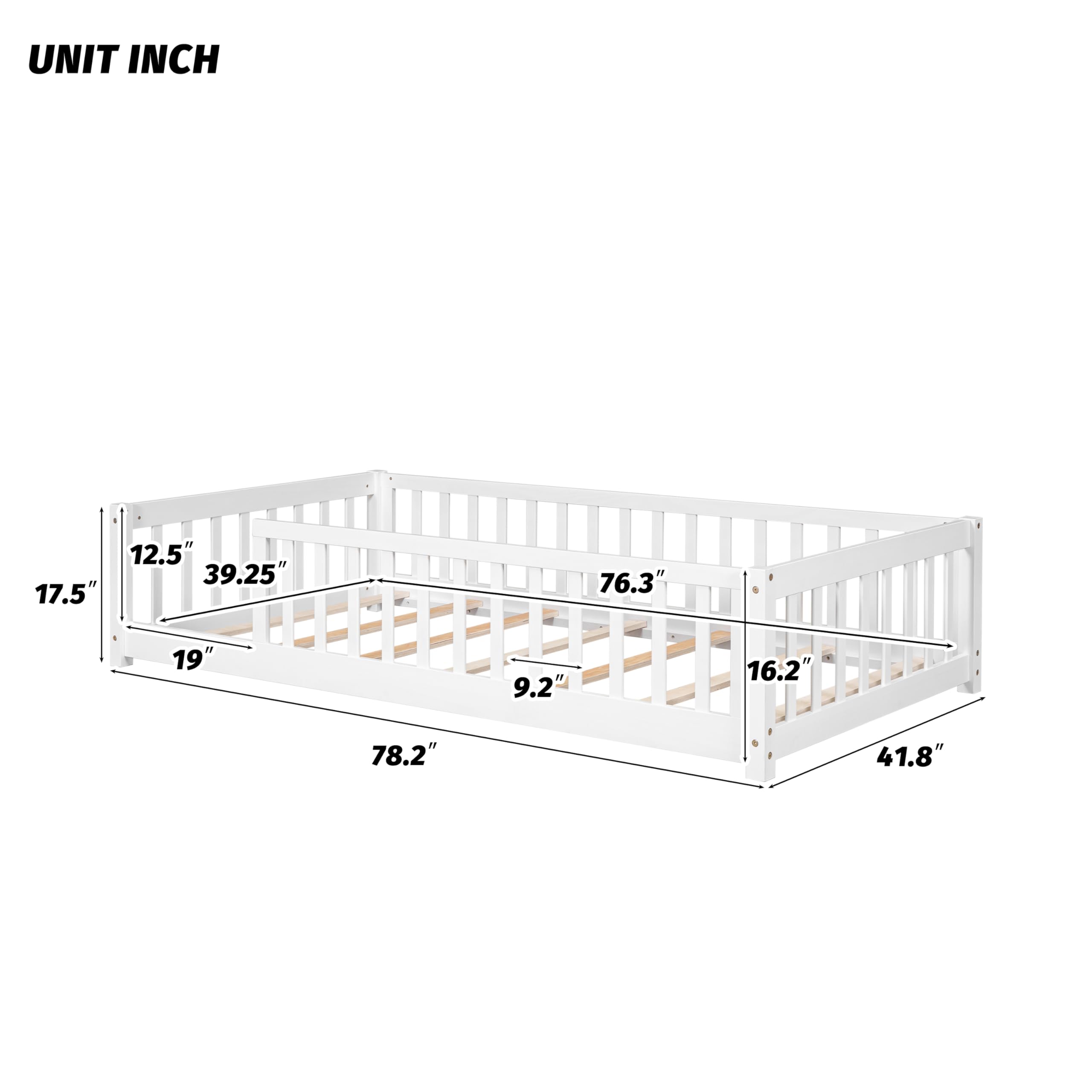 Montessori Twin Size Toddler Floor Bed Frame with Safety Fence & Wood Slats - White Wooden Low Bed for Kids, Girls & Boys - No Box Spring Needed - Perfect for Montessori Rooms, Daycare Centers & Safe Toddler Sleeping Spaces
