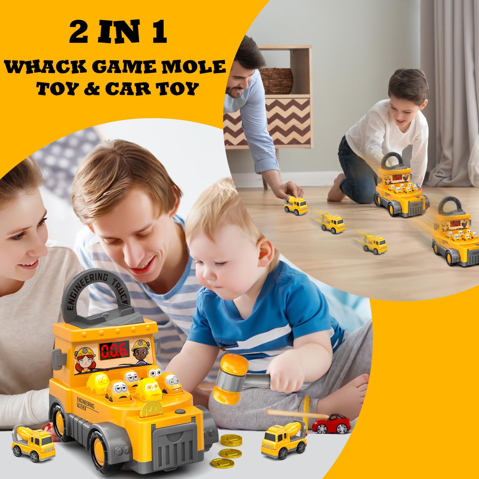 Doloowee Whack-A-Mole Game & Construction Truck Toy Set for Kids Ages 3-8 - 3-in-1 Engineering Vehicles with Mini Arcade Pounding Game - Fun Birthday Gift for Boys & Girls - Perfect for Indoor Play, Party Favors & Early Learning Development