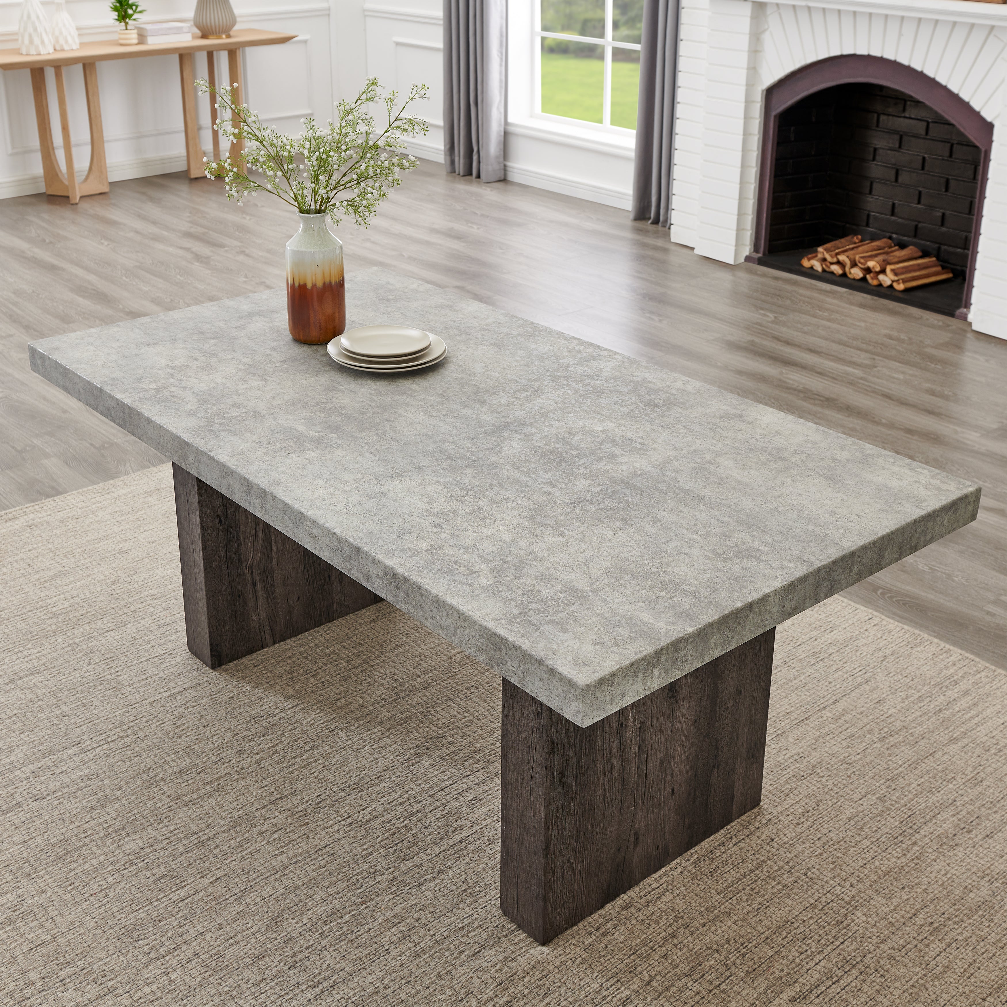Roundhill Furniture Sorlen Modern 7-Piece Dining Set - 3D Faux Concrete Table with 6 Upholstered Chairs for Kitchen, Dining Room & Outdoor Patio