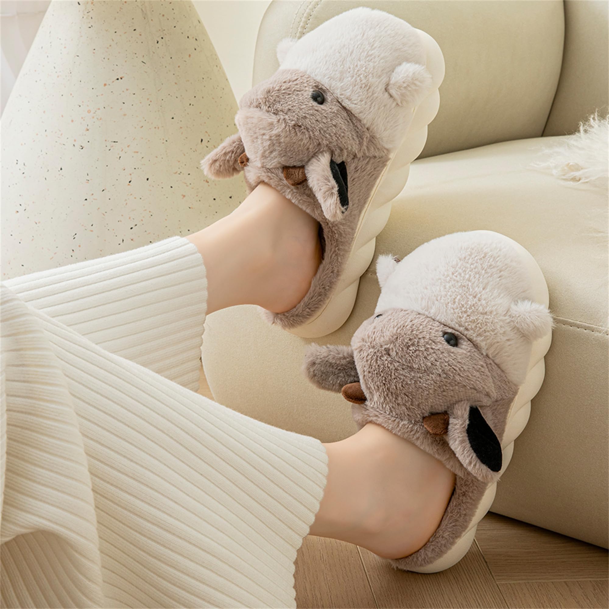 LANFIRE Women's Cute Hippo Slippers - Animal Themed Fuzzy House Shoes, Soft Plush Winter Warm Slippers with Non-Slip Sole for Indoor Comfort - Perfect for Home, Lounge & Gift Giving