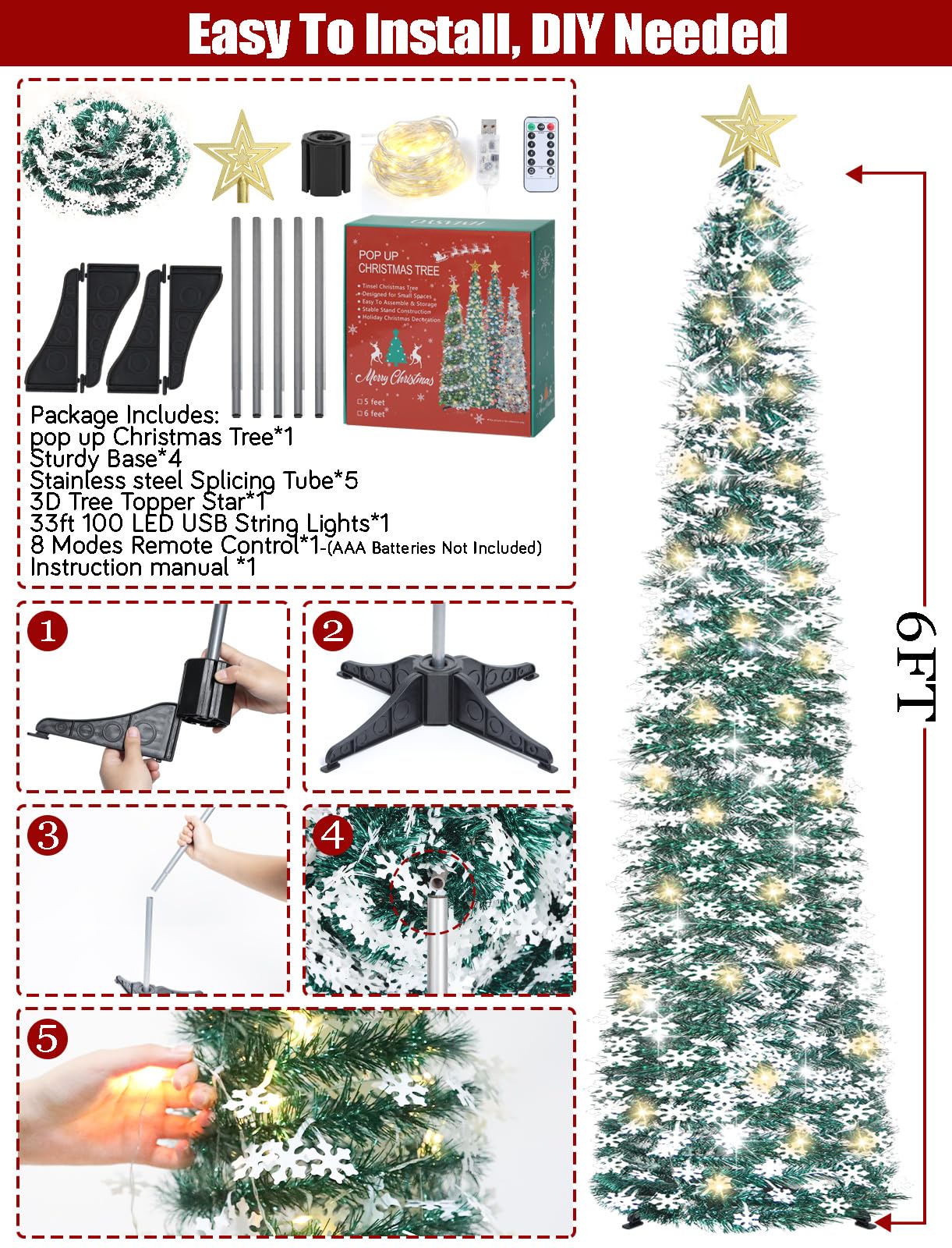 6 FT Pop Up Tinsel Christmas Tree with 100 LED Lights & Remote Control - Collapsible Artificial Pencil Tree with Snowflake Ornaments - USB Powered Timer Holiday Decor for Home, Office, Party | Perfect for Living Room, Bedroom, Christmas Party & Winter Festival Decorations