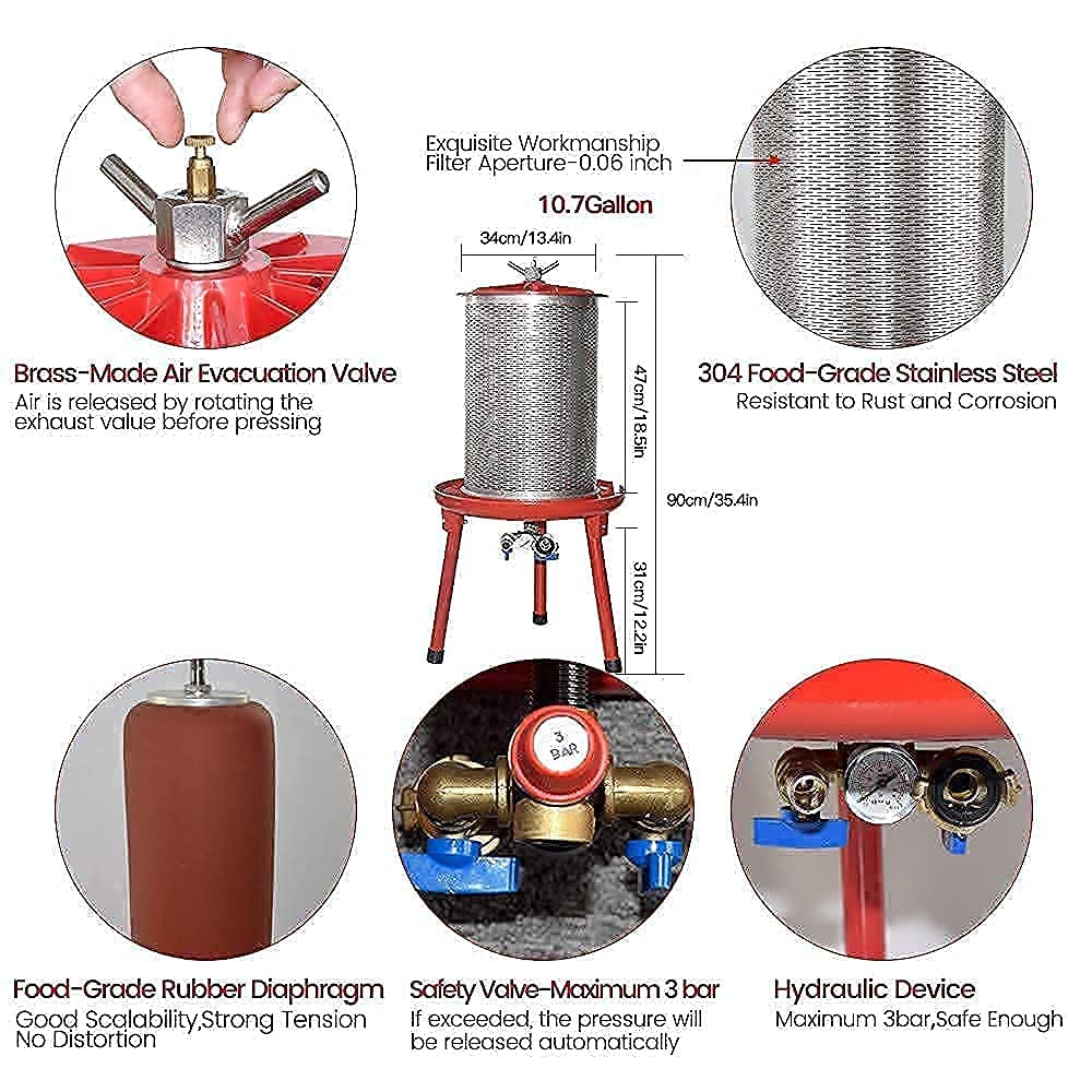 Premium Hydraulic Fruit Press - 7L (1.8 Gallon) Apple Wine Crusher & 40L (10.7 Gallon) Cider Press - Ideal for Home Winemaking, Juice Extraction, and Craft Cider Production