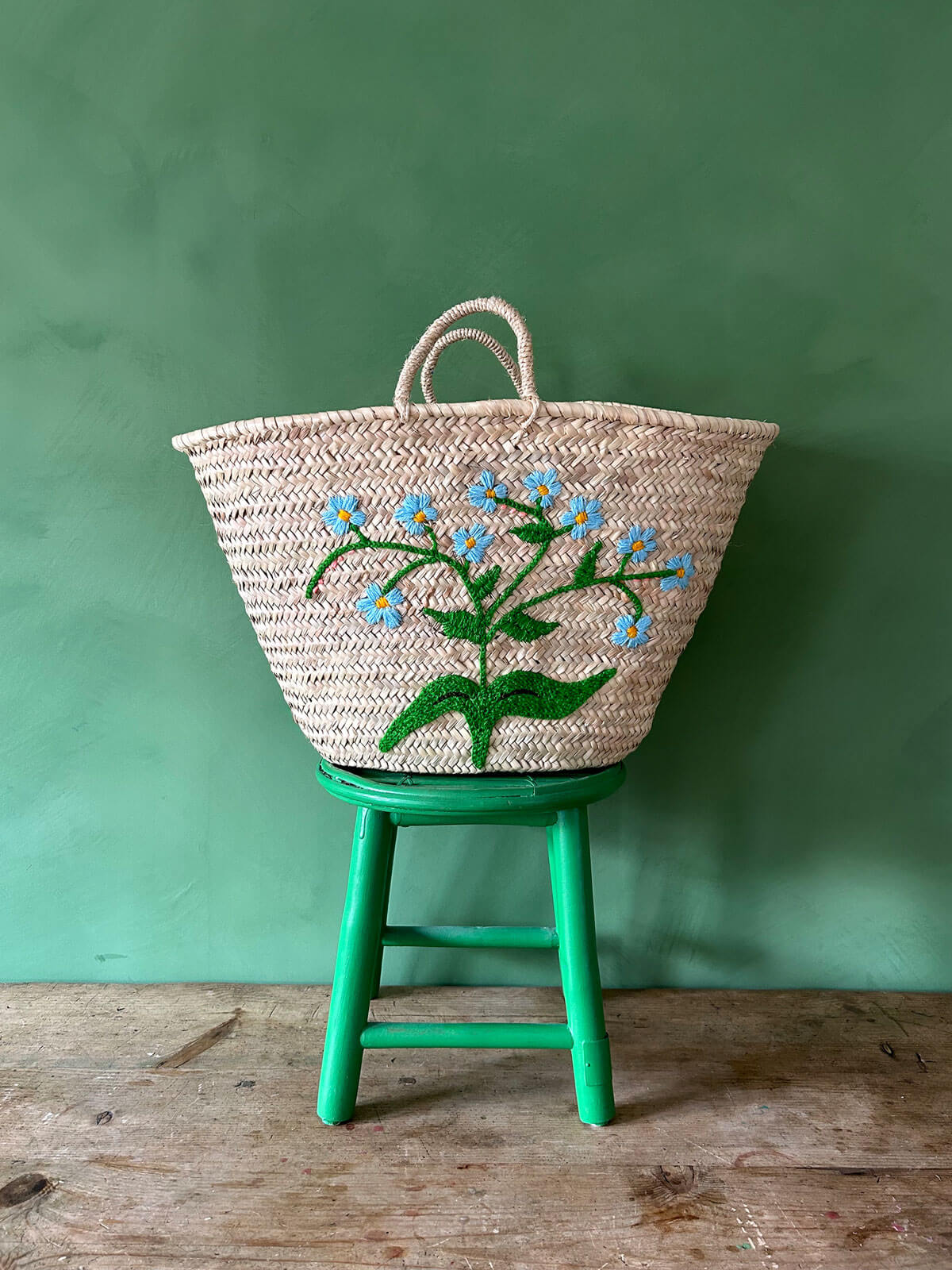 Hand Embroidered Market Basket with Forget-Me-Not Flowers - Perfect for Picnics, Farmers Markets & Home Decor
