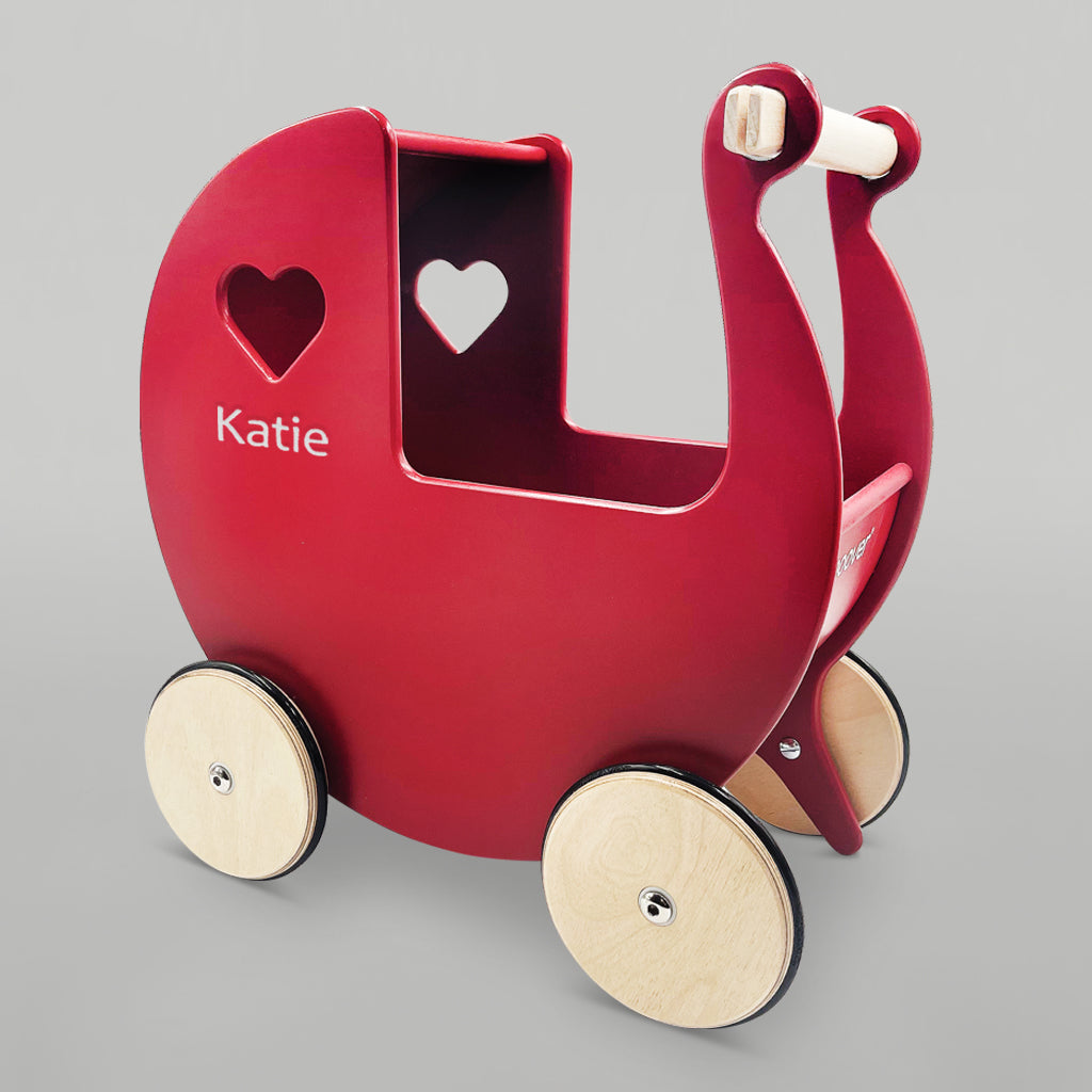 Personalized Red Wooden Baby Pram with Bernard Bear - Perfect for Newborn Gifts & Nursery Decor