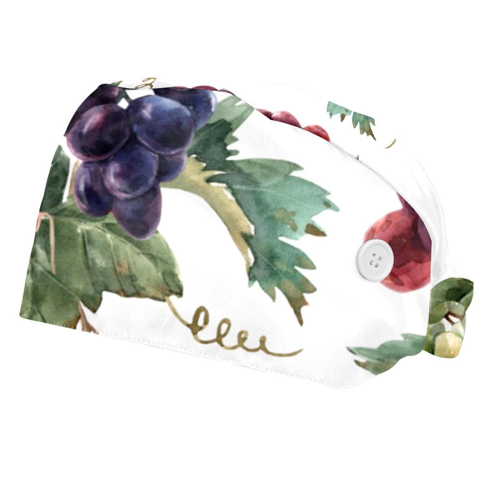 Adjustable Watercolor Grape Print Bouffant Hat with Buttons & Sweatband - Unisex Working Cap for Women & Men - Perfect for Painting, Gardening, Cooking & Outdoor Activities
