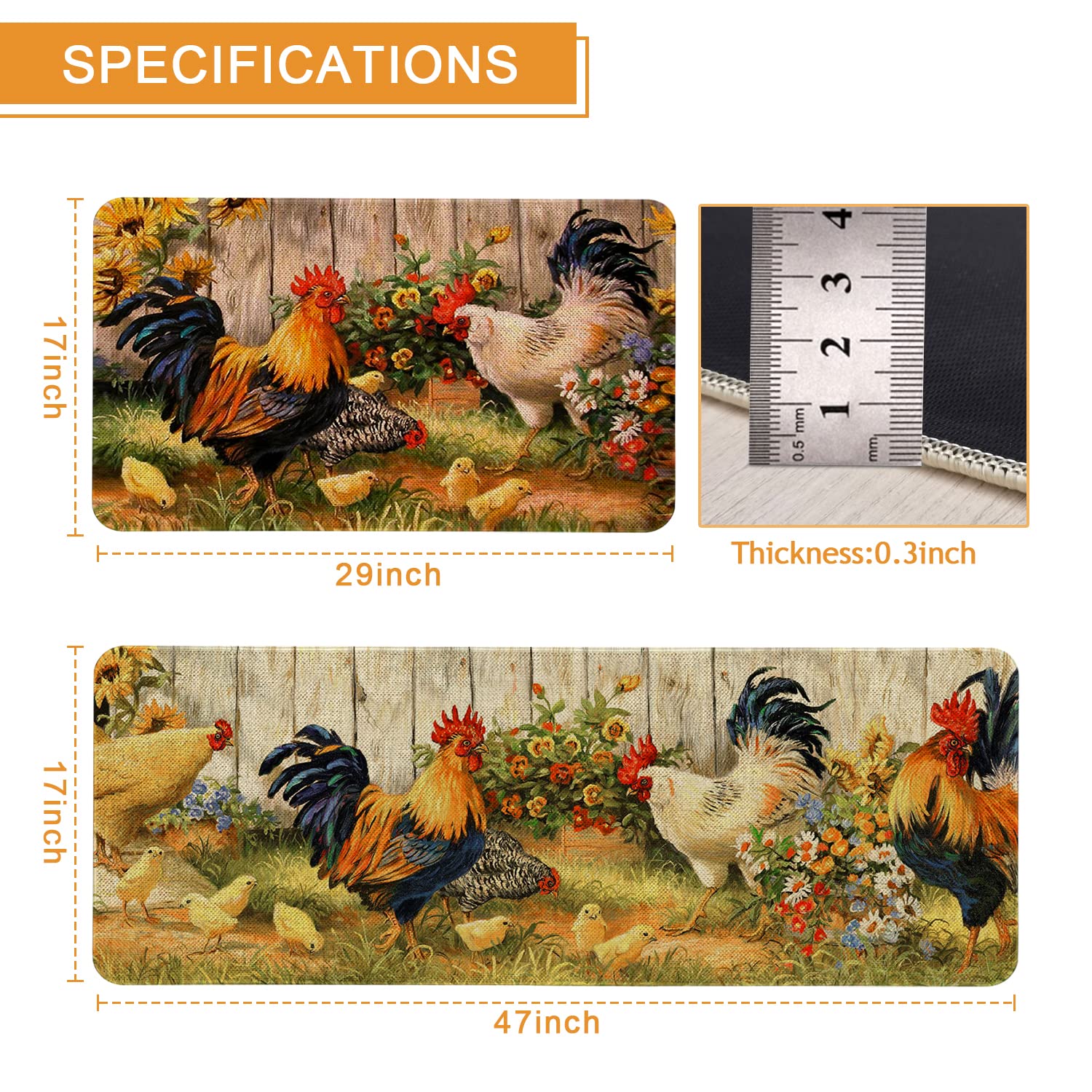 Farmhouse Kitchen Rugs and Mats Set of 2 - Non-Slip Washable Floor Mats with Rooster Design for Farmhouse Decor (17x29 & 17x47 Inch) - Perfect for Kitchen, Entryway, and Laundry Room Floor Protection