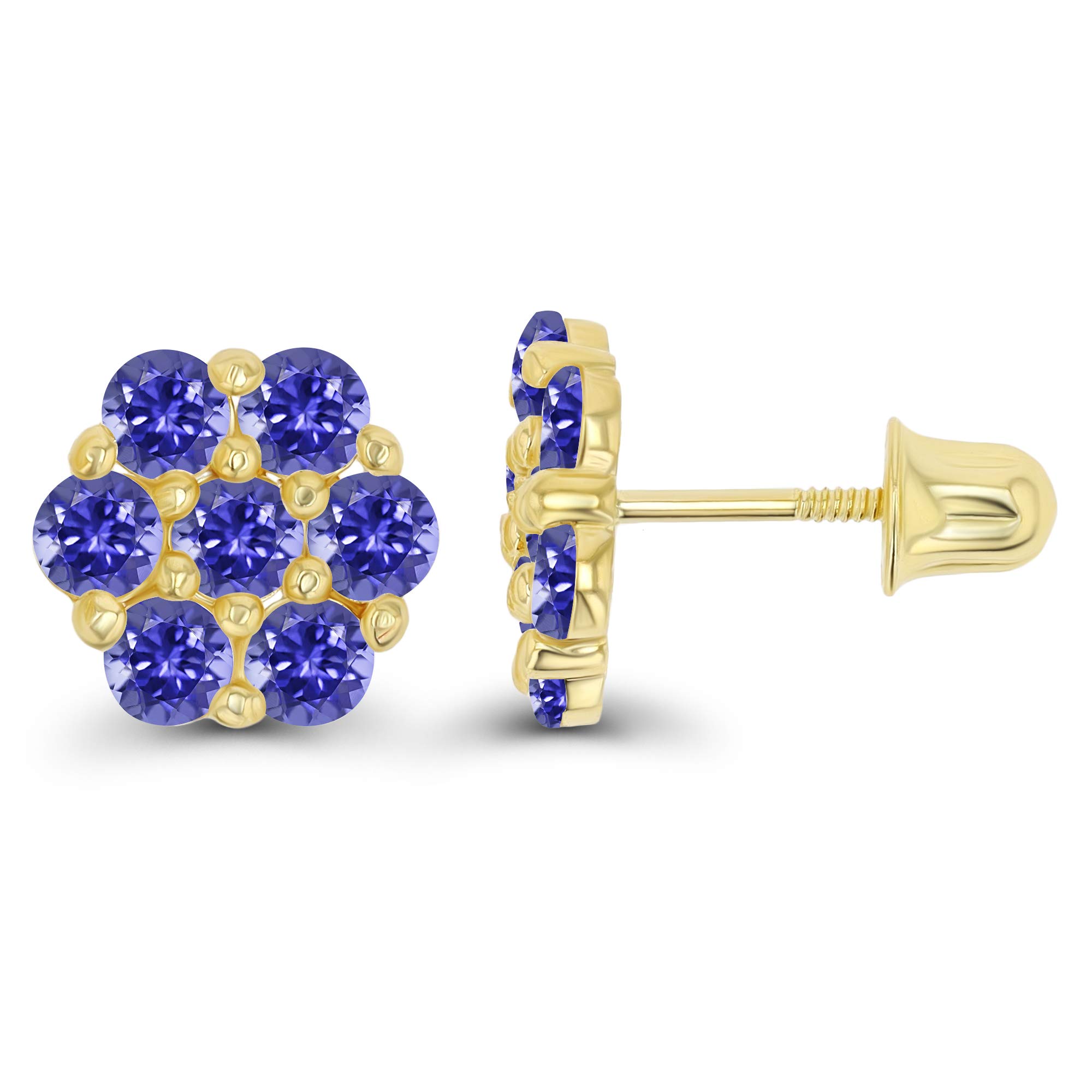 14K Solid Gold 8mm Cluster Natural Birthstone Flower Screwback Stud Earrings for Women | Round 2.50mm Birthstone | Dainty Floral Earrings for Everyday Wear, Gifts & Special Occasions