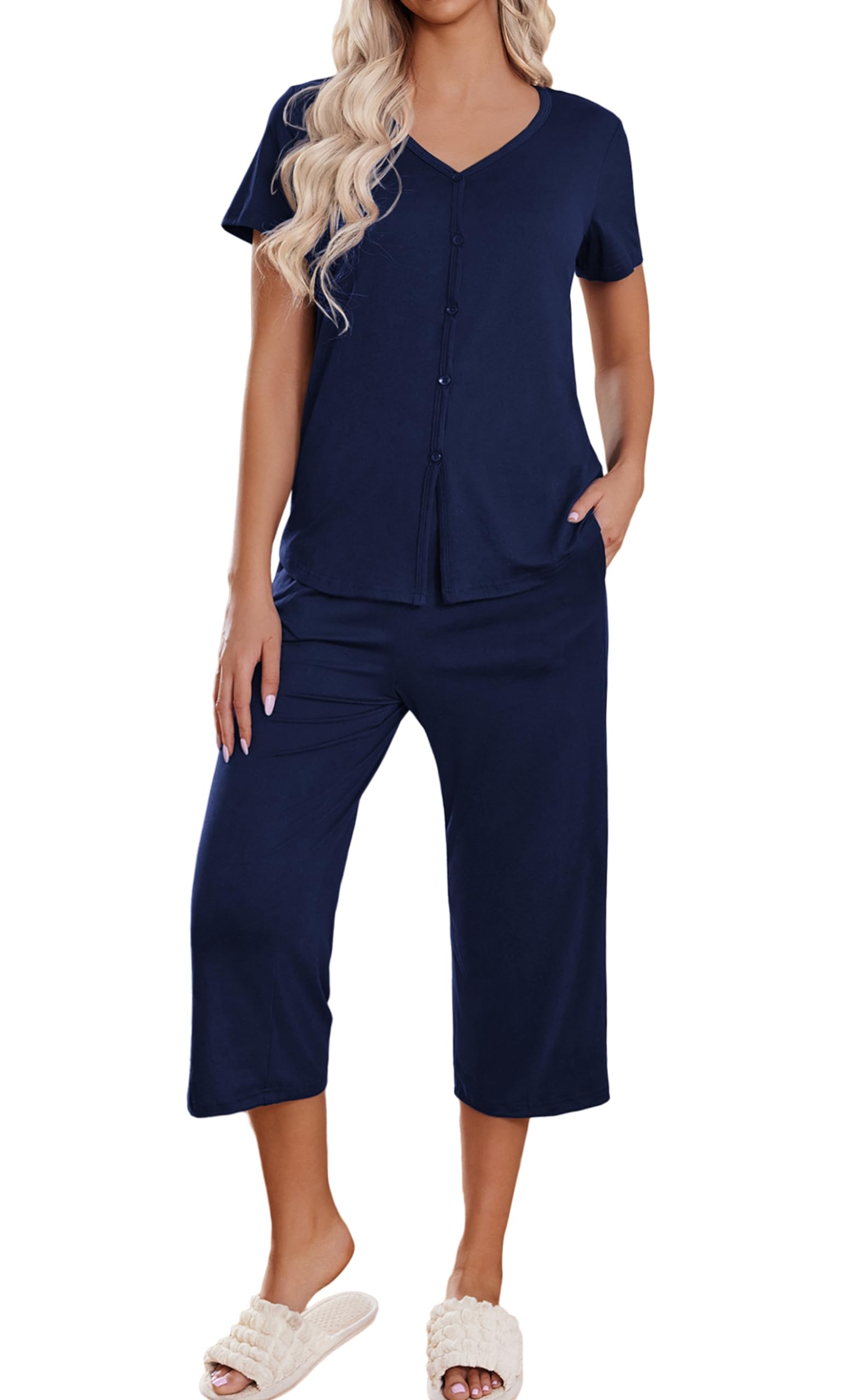 Ekouaer Women's Pajama Set - Short Sleeve Sleepwear with Pockets for Lounge & Sleep