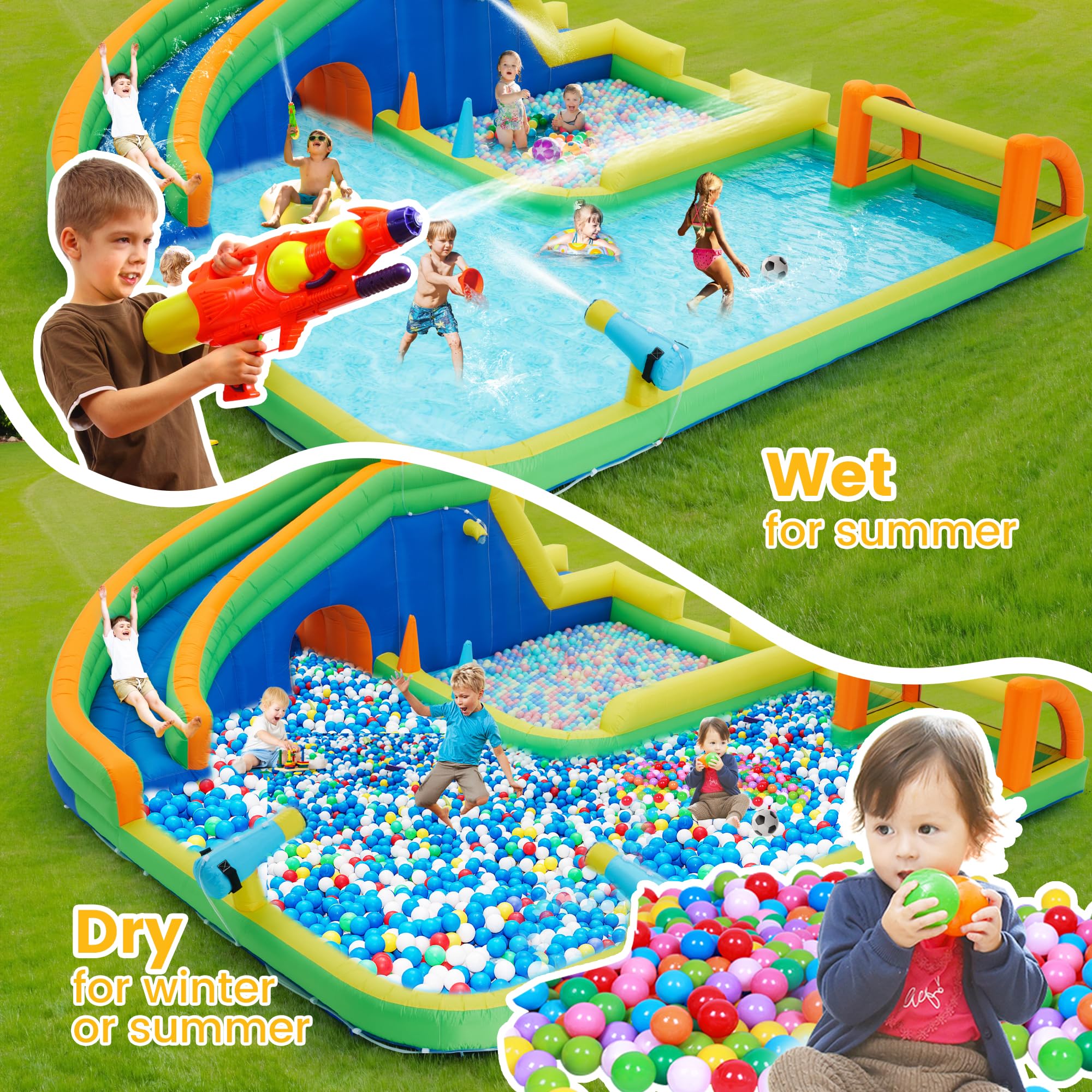 Best Inflatable Water Slide Park with Water Soccer & Dual Water Cannons - Giant Splash Pool for Outdoor Kids Play - Easy Setup & Includes Blower - Perfect for Backyard Parties, Summer Fun & Family Gatherings