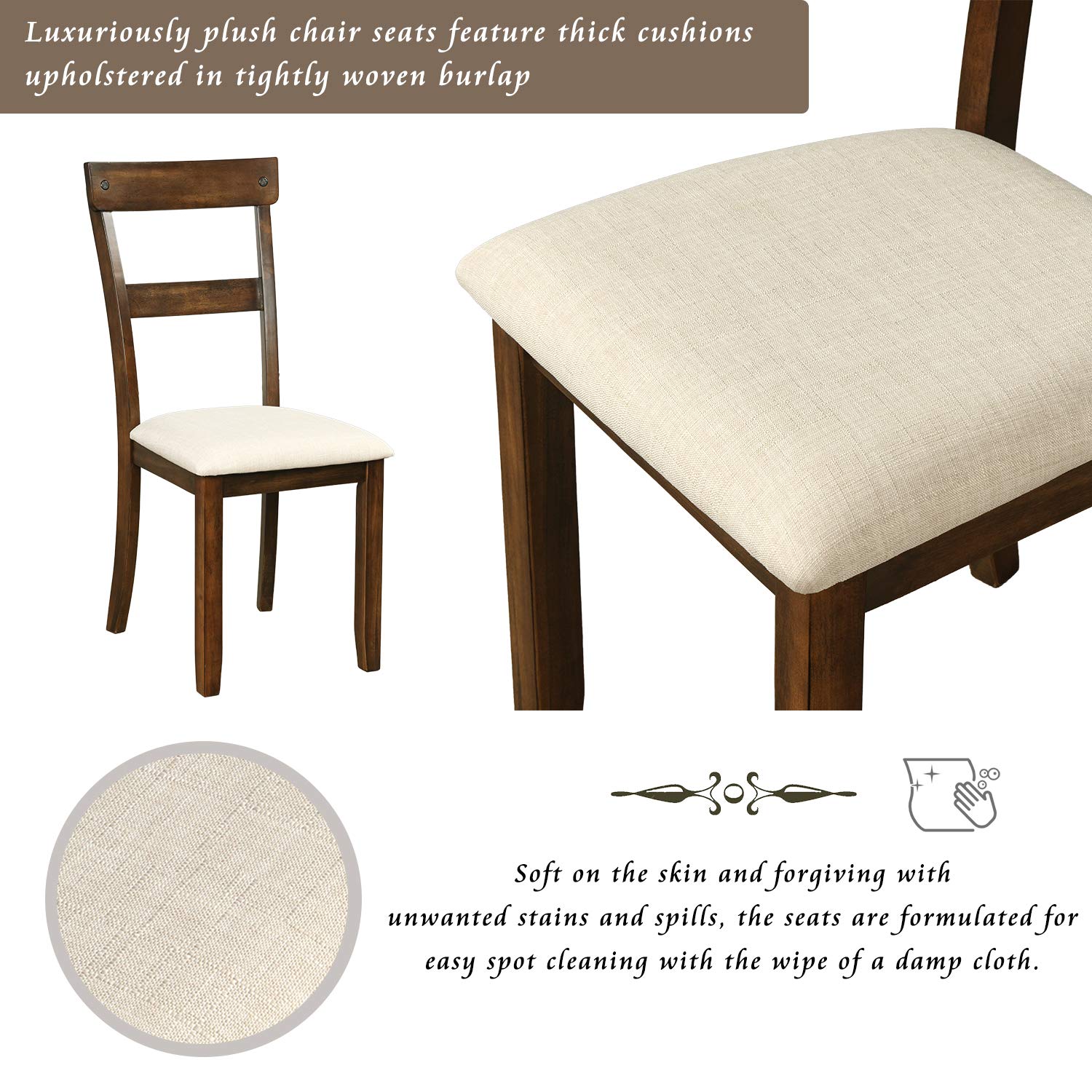 5-Piece Retro Industrial Wood Dining Table Set with 4 Upholstered Chairs - Walnut Finish & Cushion Seating - Perfect for Kitchen, Dining Room & Small Space Gatherings