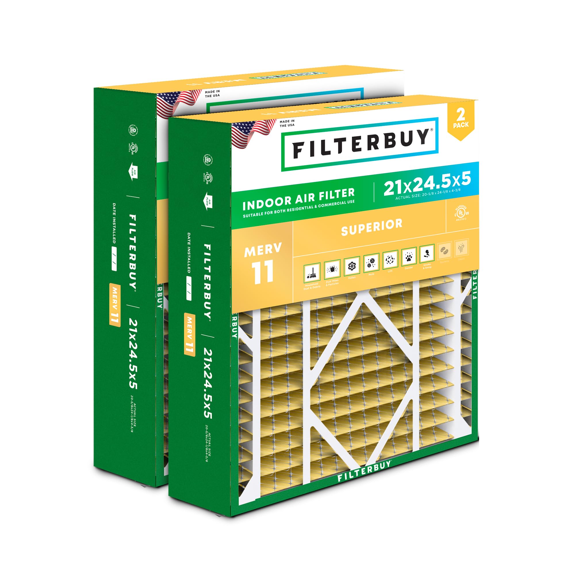 Filterbuy 21x24.5x5 MERV 11 Air Filter 2-Pack - High Efficiency HVAC Furnace & AC Replacement Filters for Rheem, Ruud, Protech (Actual Size 20.63x24.13x4.38) - Traps Allergens, Dust & Pollen for Cleaner Home Air