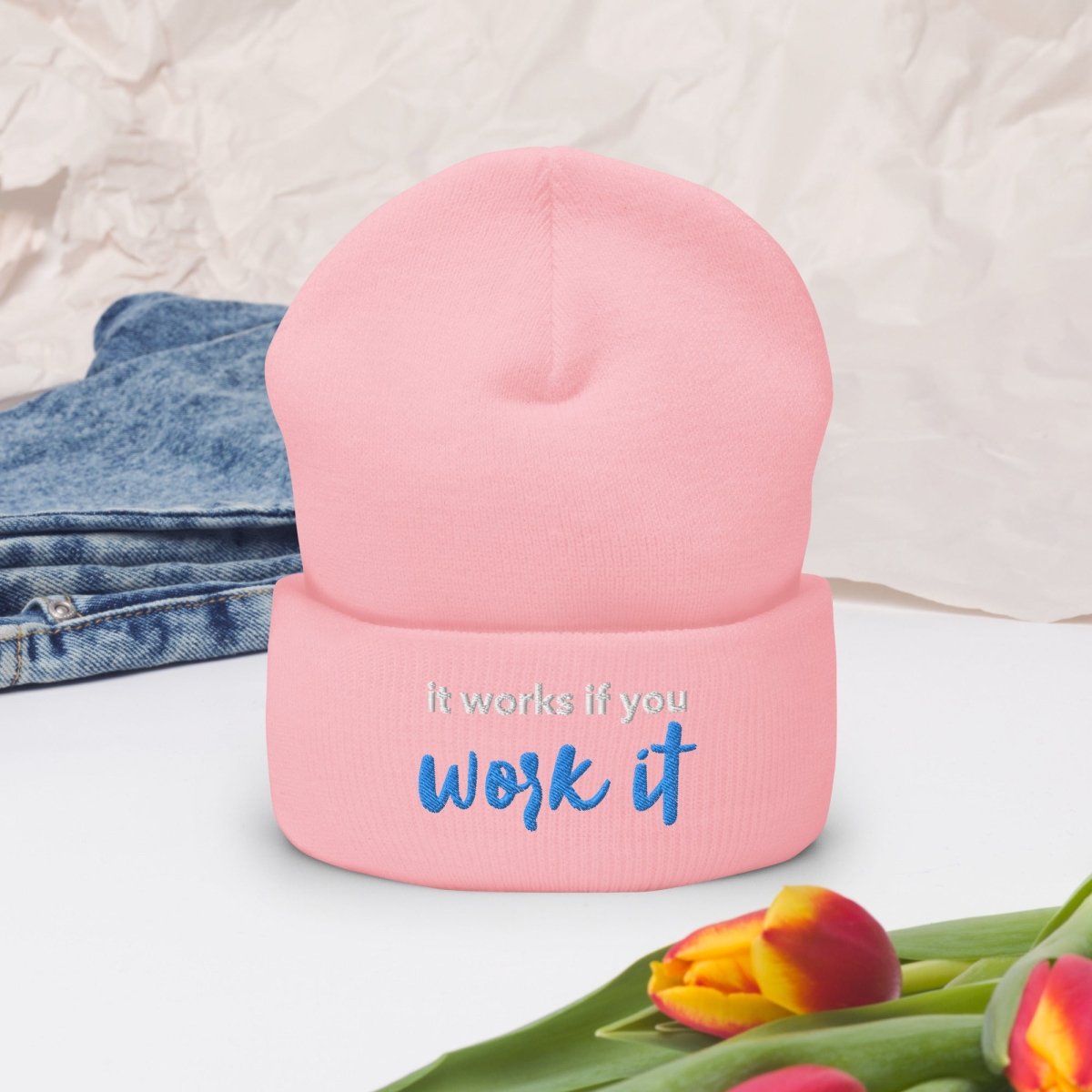 It Works If You Work It Embroidered Beanie - Stylish Winter Hat for Men & Women - Perfect for Outdoor Activities, Workouts, and Casual Wear