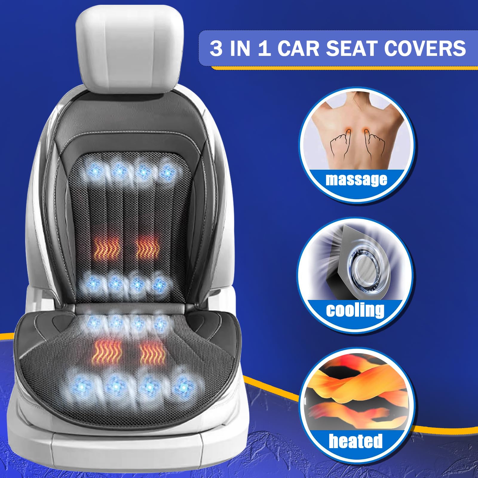 3 in 1 Car Seat Cushion with Heating & Cooling - 16 High Power Fans, 3 Adjustable Levels & Massage Function - Breathable Car Seat Cover for Summer & Winter Driving - Perfect for Long Commutes, Road Trips & Daily Use (Black, 1 Piece)