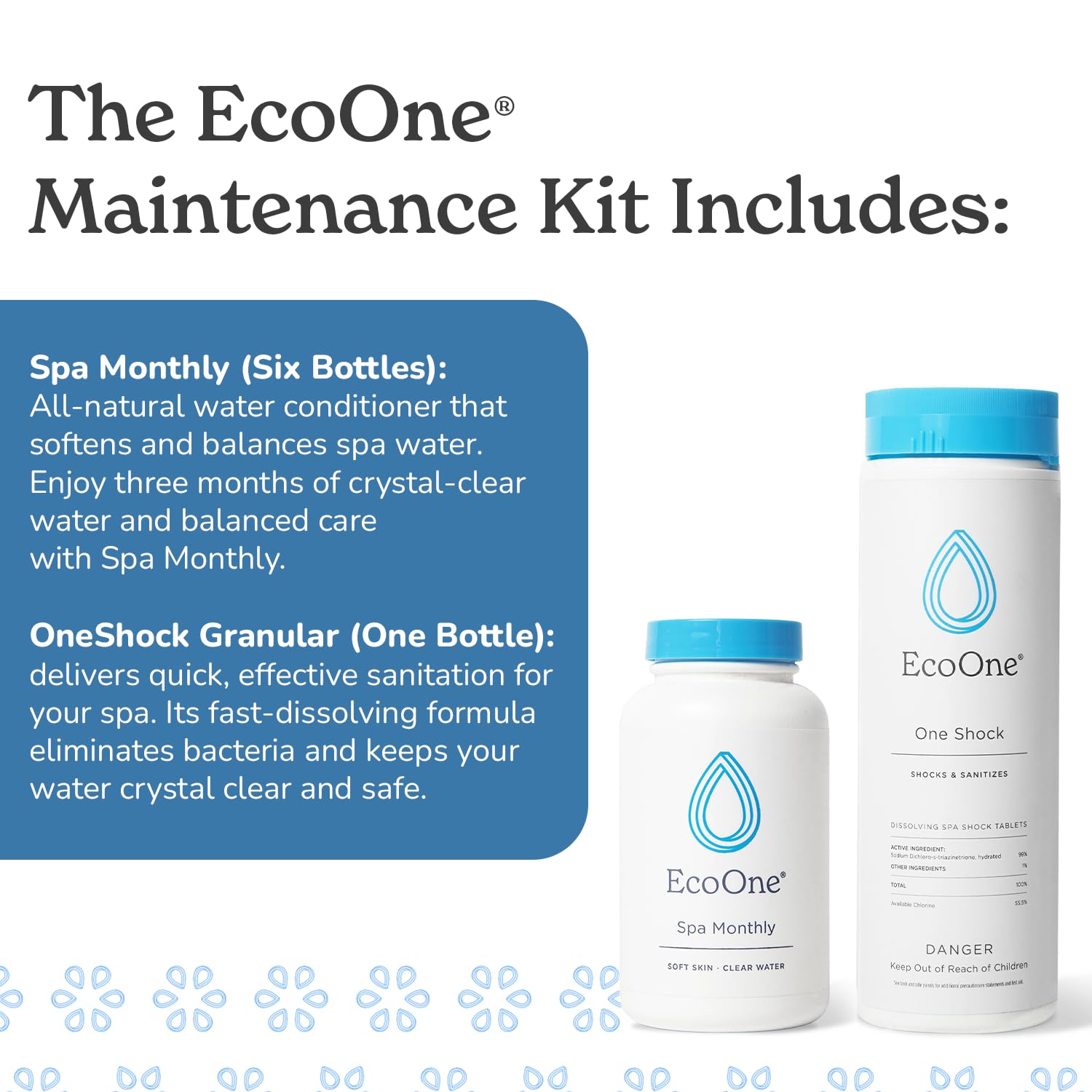 EcoOne Hot Tub Chemical Maintenance Kit - Spa Shock & Conditioner Set with Chlorine Granular & Monthly Conditioner - 6 Month Supply for Crystal Clear Water - Perfect for Backyard Relaxation & Hydrotherapy