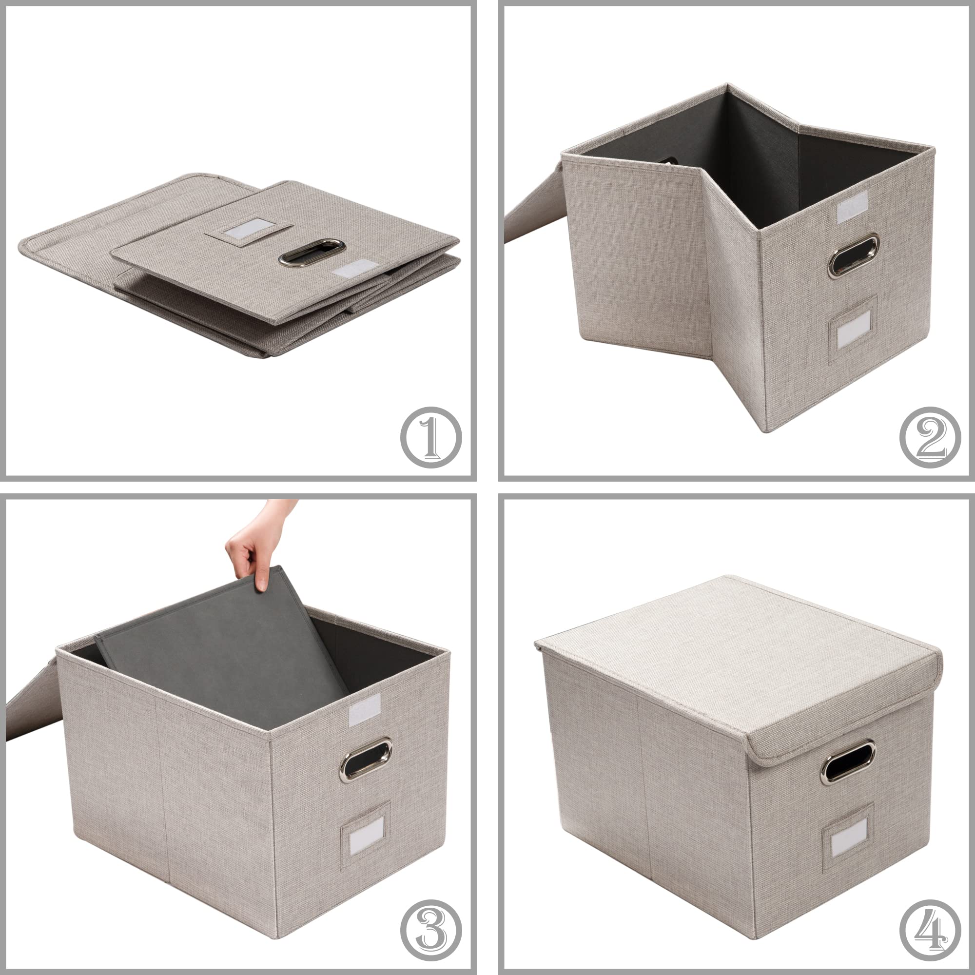 PRANDOM File Organizer Box Set of 4 - Collapsible Linen Storage Bins with Lids for Office Cabinet, Letter Size Hanging File Folders (15x12.2x10.75 Inch) - Light Grey Home & Office Organization Solution for Documents, Bills, and School Supplies